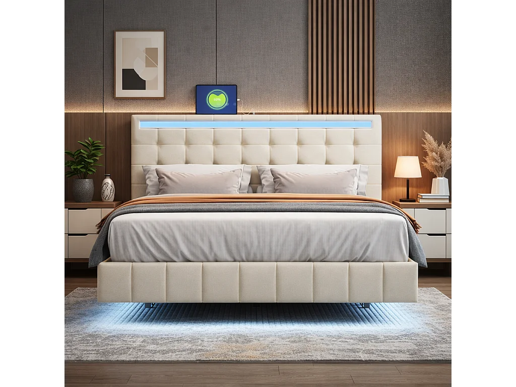 Lit rembourré 140x200 cm, Cadre de lit Adulte Moderne avec tête de lit éclairée par LED, lit Double avec  sommier à Lattes, lin, Beige