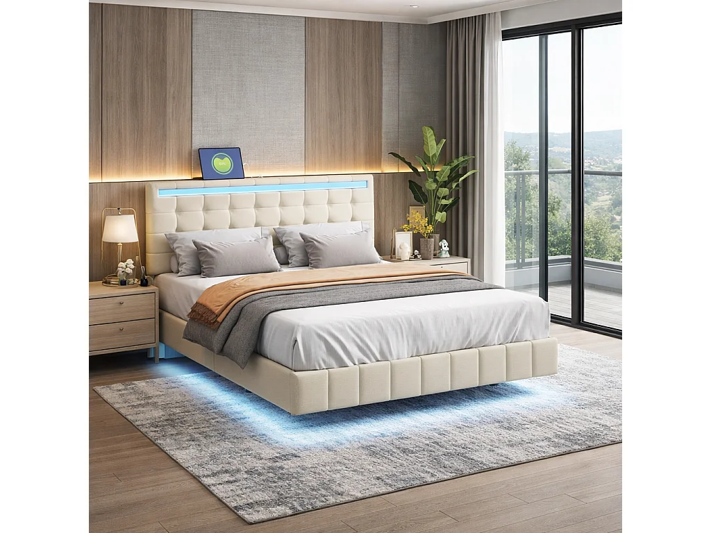 Lit rembourré 140x200 cm, Cadre de lit Adulte Moderne avec tête de lit éclairée par LED, lit Double avec  sommier à Lattes, lin, Beige