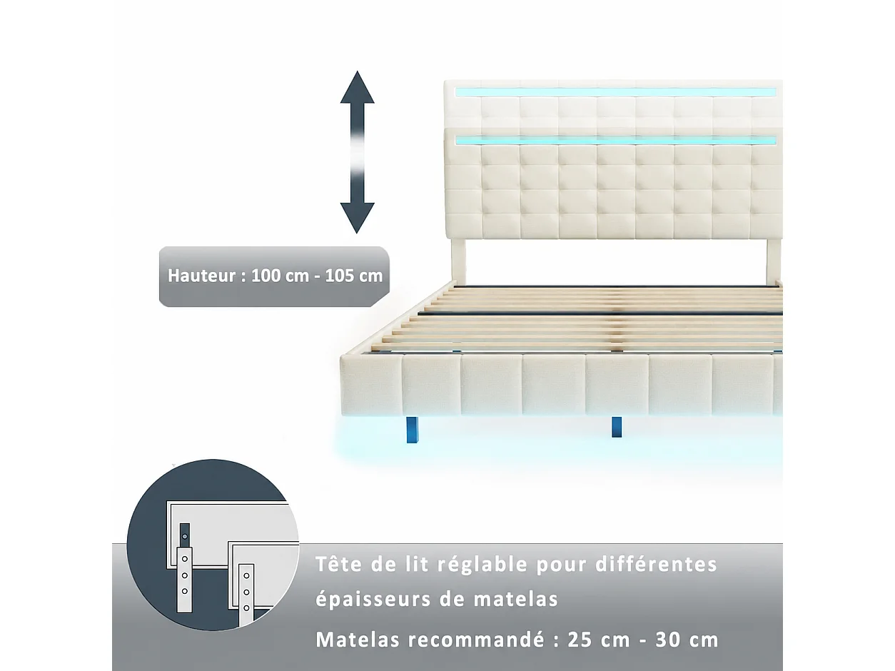 Lit rembourré 140x200 cm, Cadre de lit Adulte Moderne avec tête de lit éclairée par LED, lit Double avec  sommier à Lattes, lin, Beige