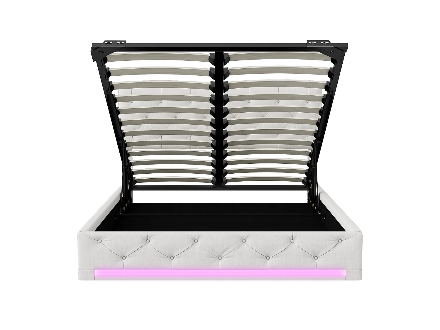 Lit Coffre 140x200 cm avec Lumière LED - Lit Double capitonné avec Rangement - Cadre de lit avec tête de lit réglable et sommier à Lattes - Lin Beige