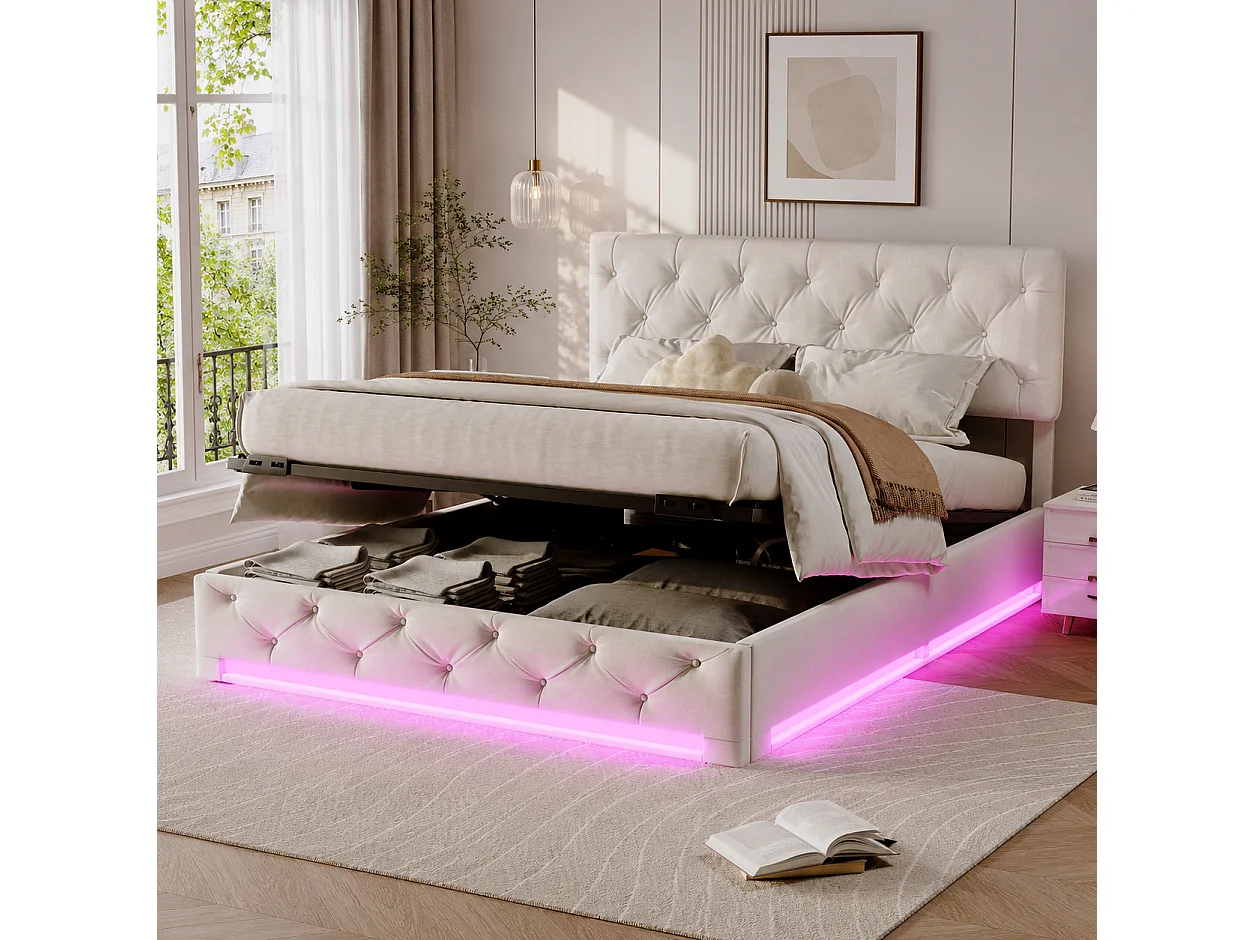 Lit Coffre 140x200 cm avec Lumière LED - Lit Double capitonné avec Rangement - Cadre de lit avec tête de lit réglable et sommier à Lattes - Lin Beige