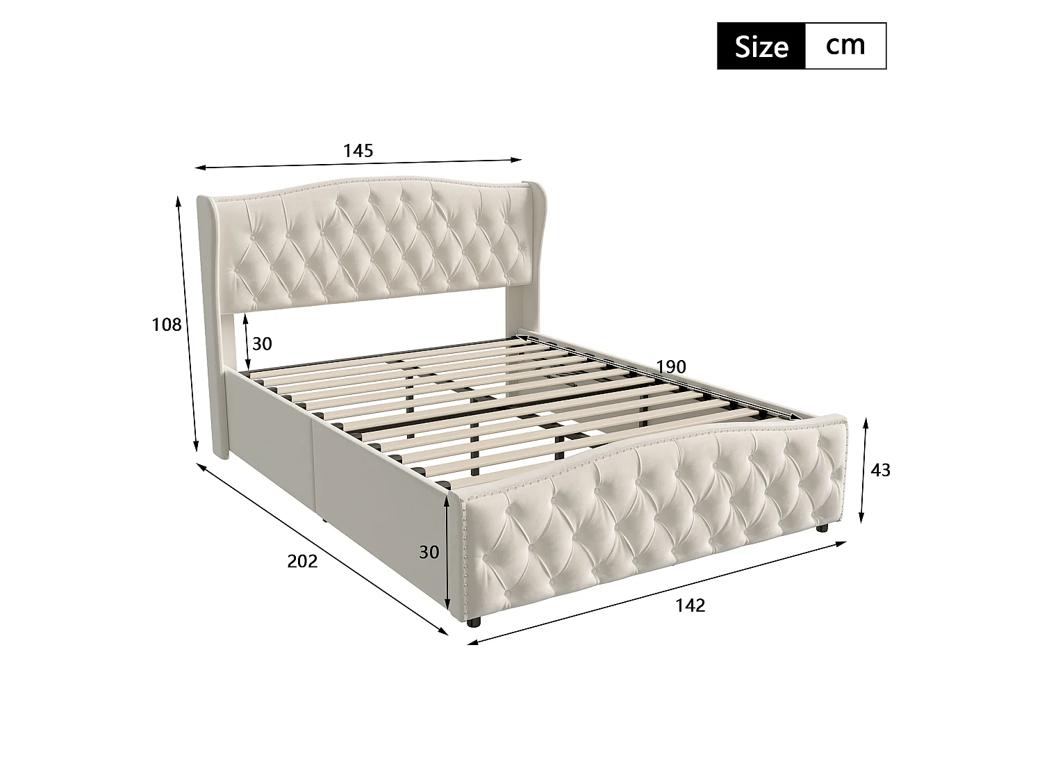 Lit double rembourré 140x190 cm avec Rangement hydraulique - lit capitonnée avec Tête de lit - lit coffre avec sommier à lattes - Lit Velours pour Adultes - Beige