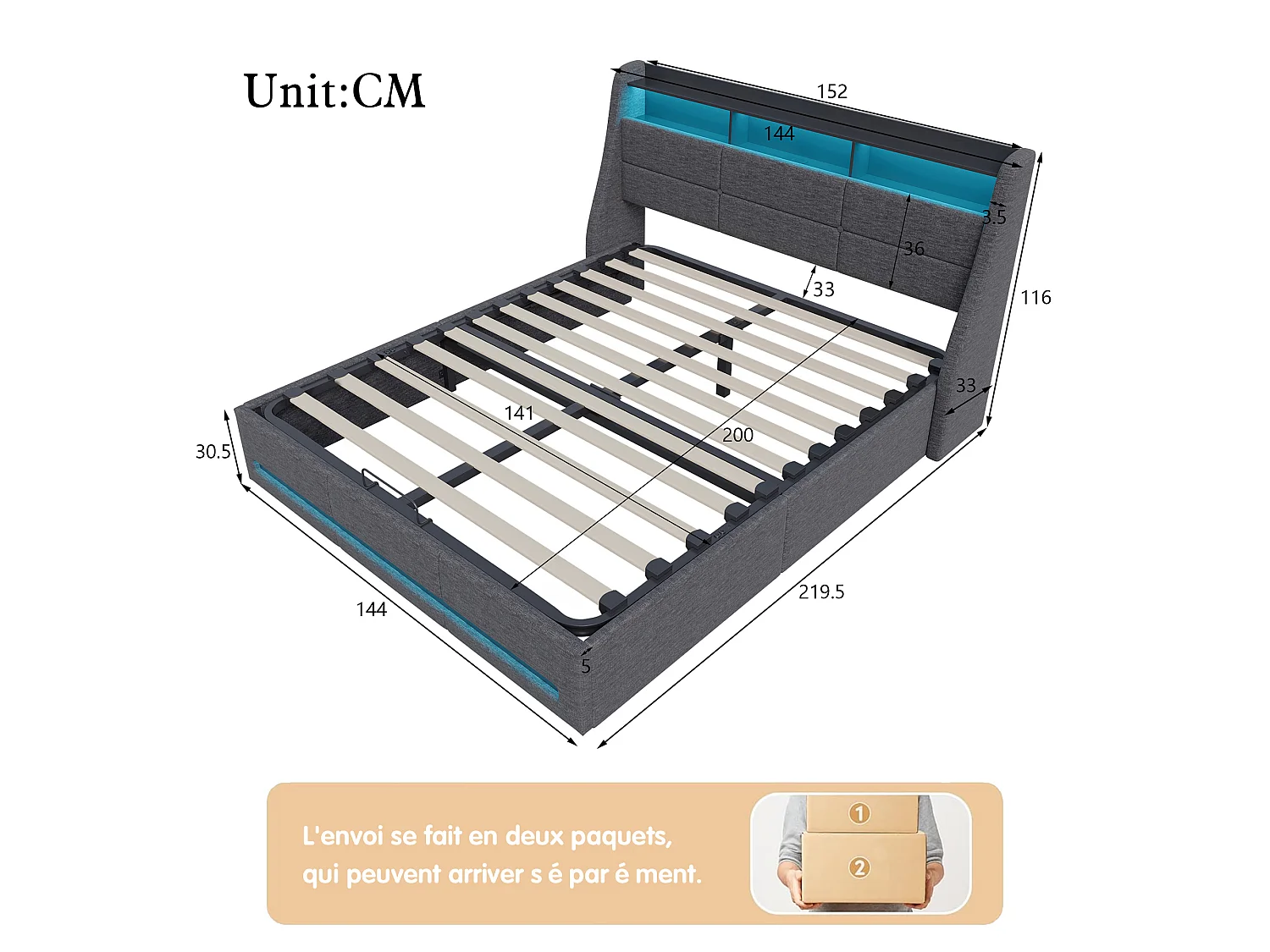 Lit Double 140x200 cm avec Rangement hydraulique - avec LED/USB - Lit Coffre avec sommier à Lattes - tête de lit rembourrée - Lin Gris Foncé