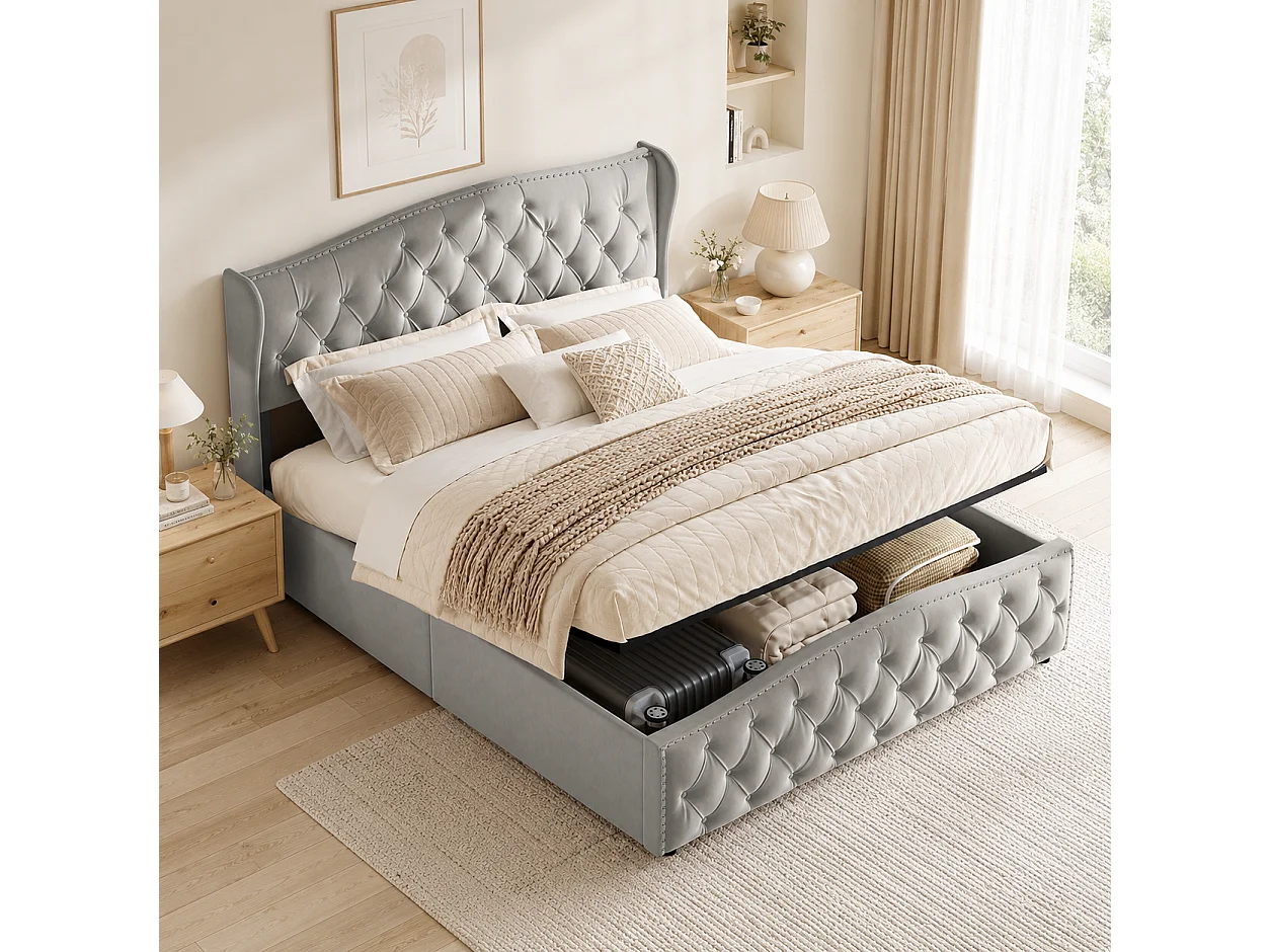 Lit Coffre 140x190 cm avec Sommier, Lit double rembourré avec hydraulique Rangement et Tête de lit, Lit 2 Personnes pour Adultes et Adolescents, Velours, Gris