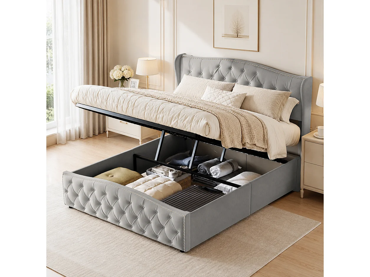 Lit Coffre 140x190 cm avec Sommier, Lit double rembourré avec hydraulique Rangement et Tête de lit, Lit 2 Personnes pour Adultes et Adolescents, Velours, Gris