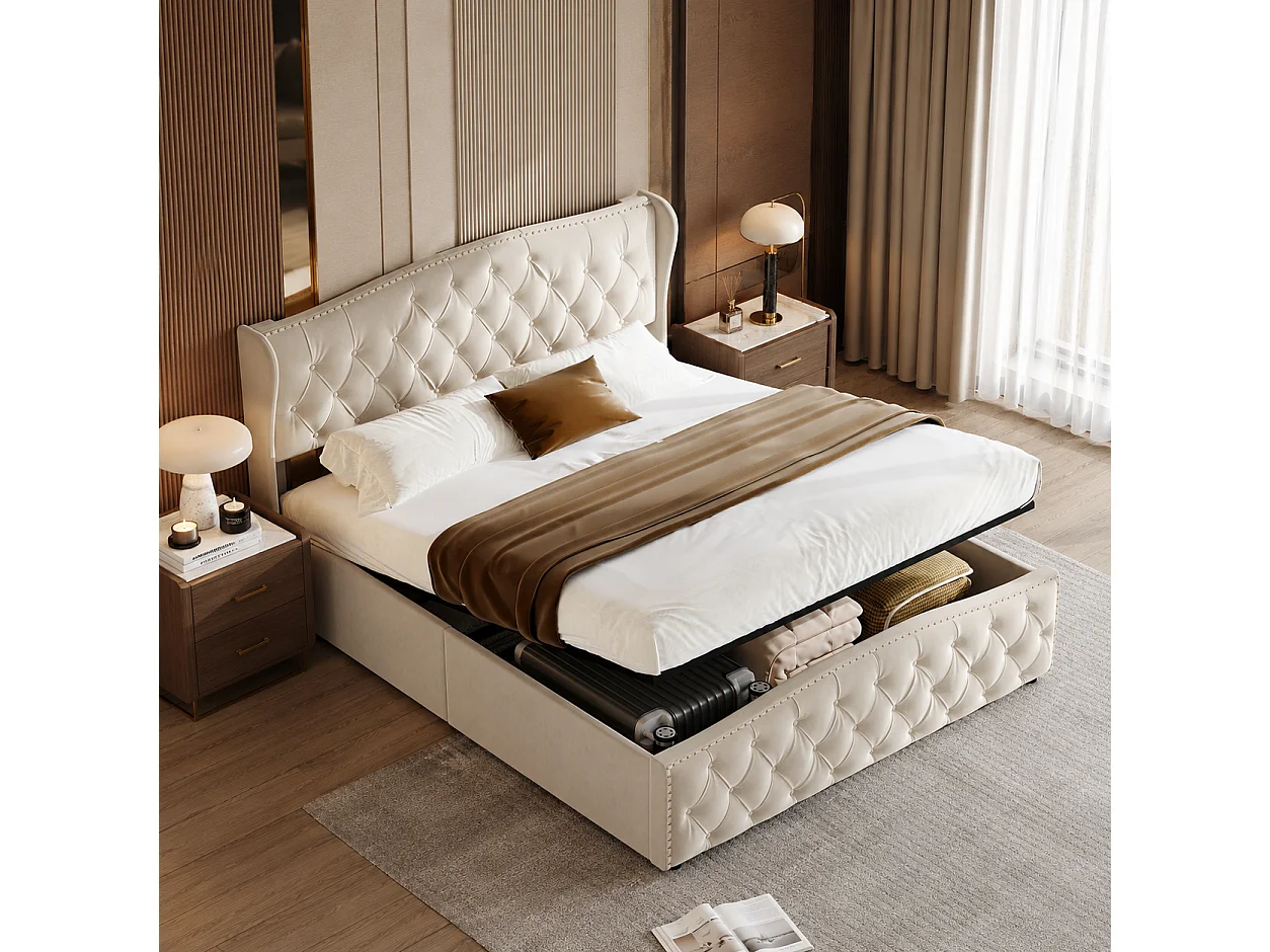 Lit Coffre 140x200 cm avec Tete de lit et sommier à Lattes - Lit double capitonnée Réglable en Hauteur- lit avec Hydraulique Rangement sous Lits,Rivet Velours Beige