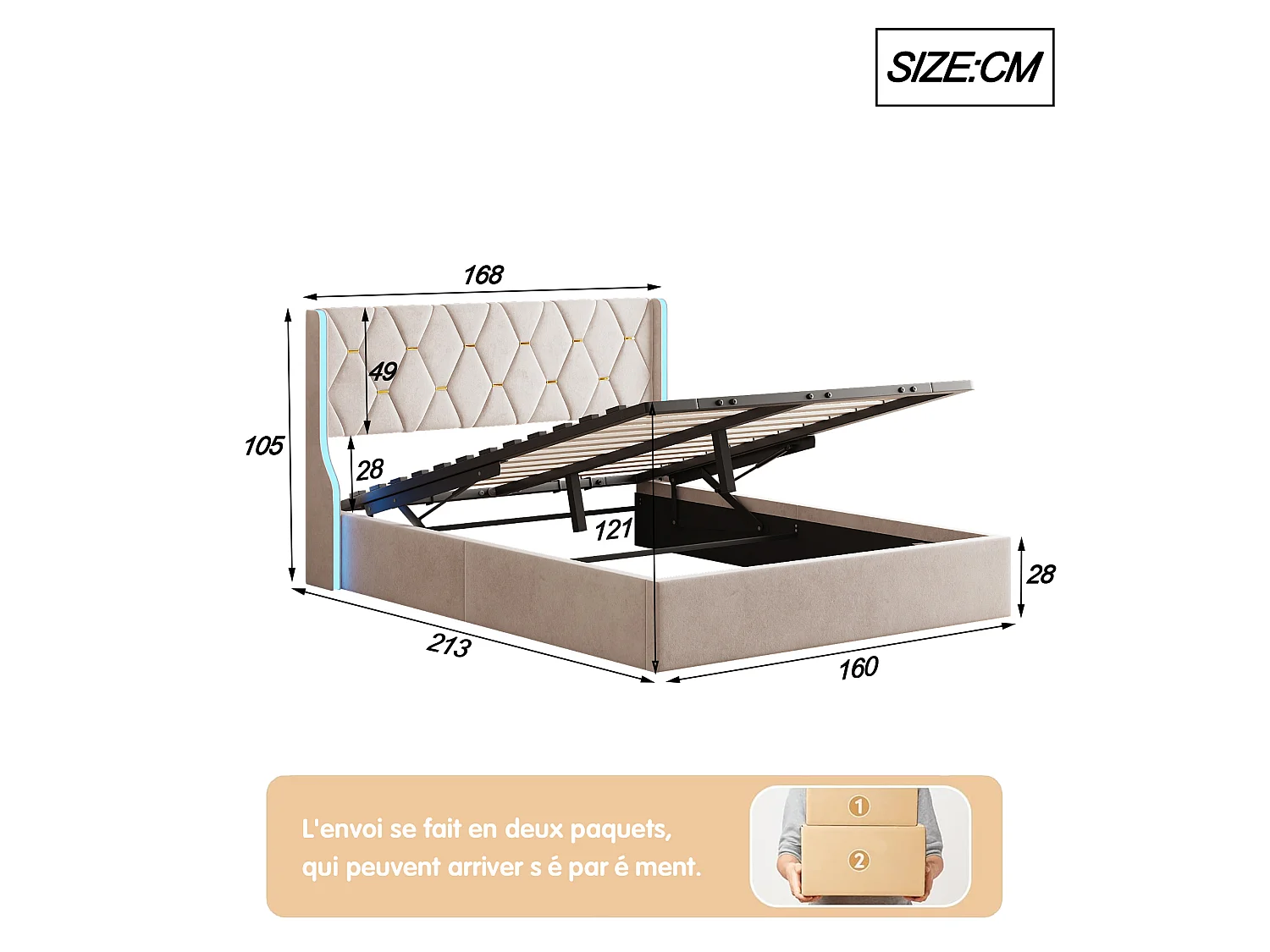 Lit coffre 160x200 cm, lit capitonné avec LED, lit Double avec Rangement et sommier à Lattes, lit pour adults et ados, Velours Beige