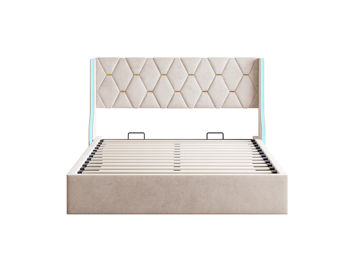 Lit coffre 160x200 cm, lit capitonné avec LED, lit Double avec Rangement et sommier à Lattes, lit pour adults et ados, Velours Beige