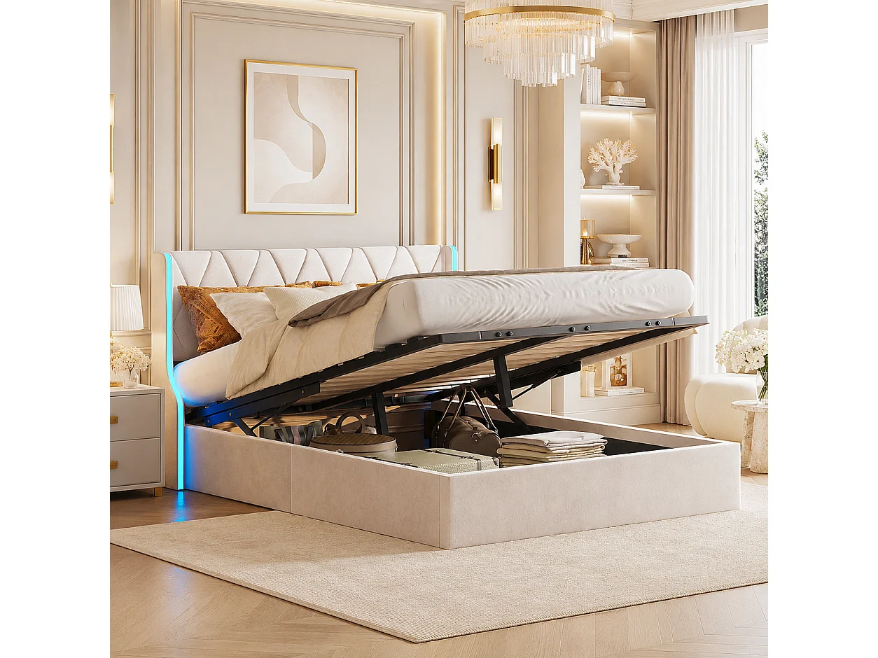 Lit coffre 160x200 cm, lit capitonné avec LED, lit Double avec Rangement et sommier à Lattes, lit pour adults et ados, Velours Beige