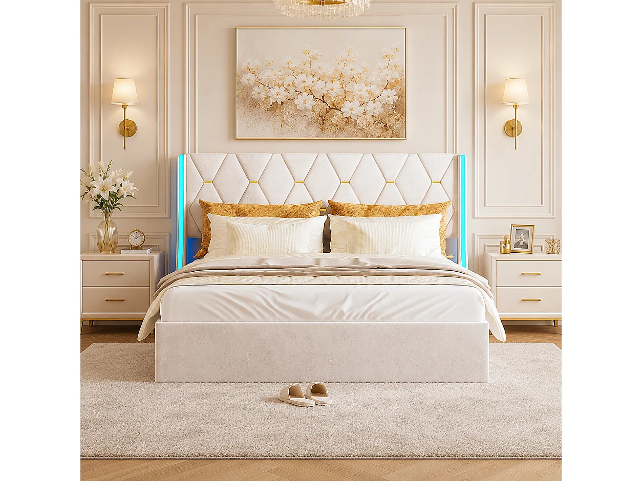 Lit coffre 160x200 cm, lit capitonné avec LED, lit Double avec Rangement et sommier à Lattes, lit pour adults et ados, Velours Beige