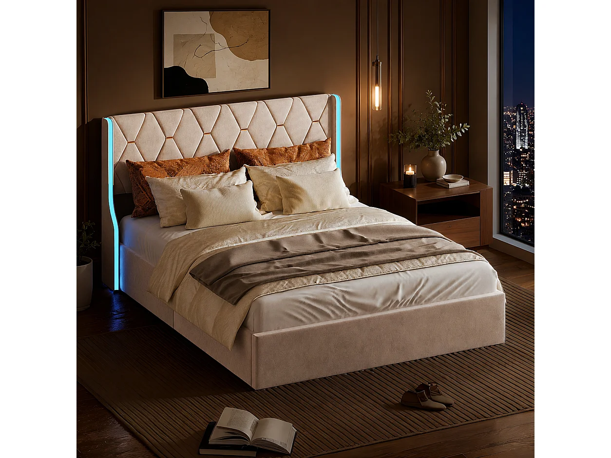Lit coffre 160x200 cm, lit capitonné avec LED, lit Double avec Rangement et sommier à Lattes, lit pour adults et ados, Velours Beige