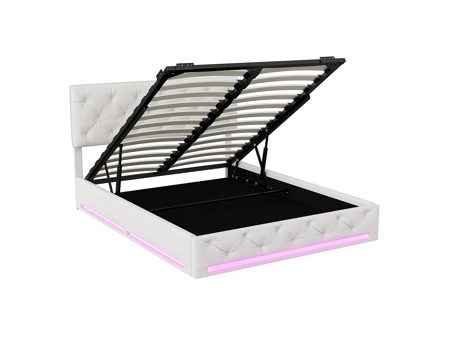 Cadre de lit 140x190 cm avec Rangement  - Lit double capitonné avec Lumière LED - Lit Coffre avec tête de lit réglable et sommier à Lattes - Lin Beige