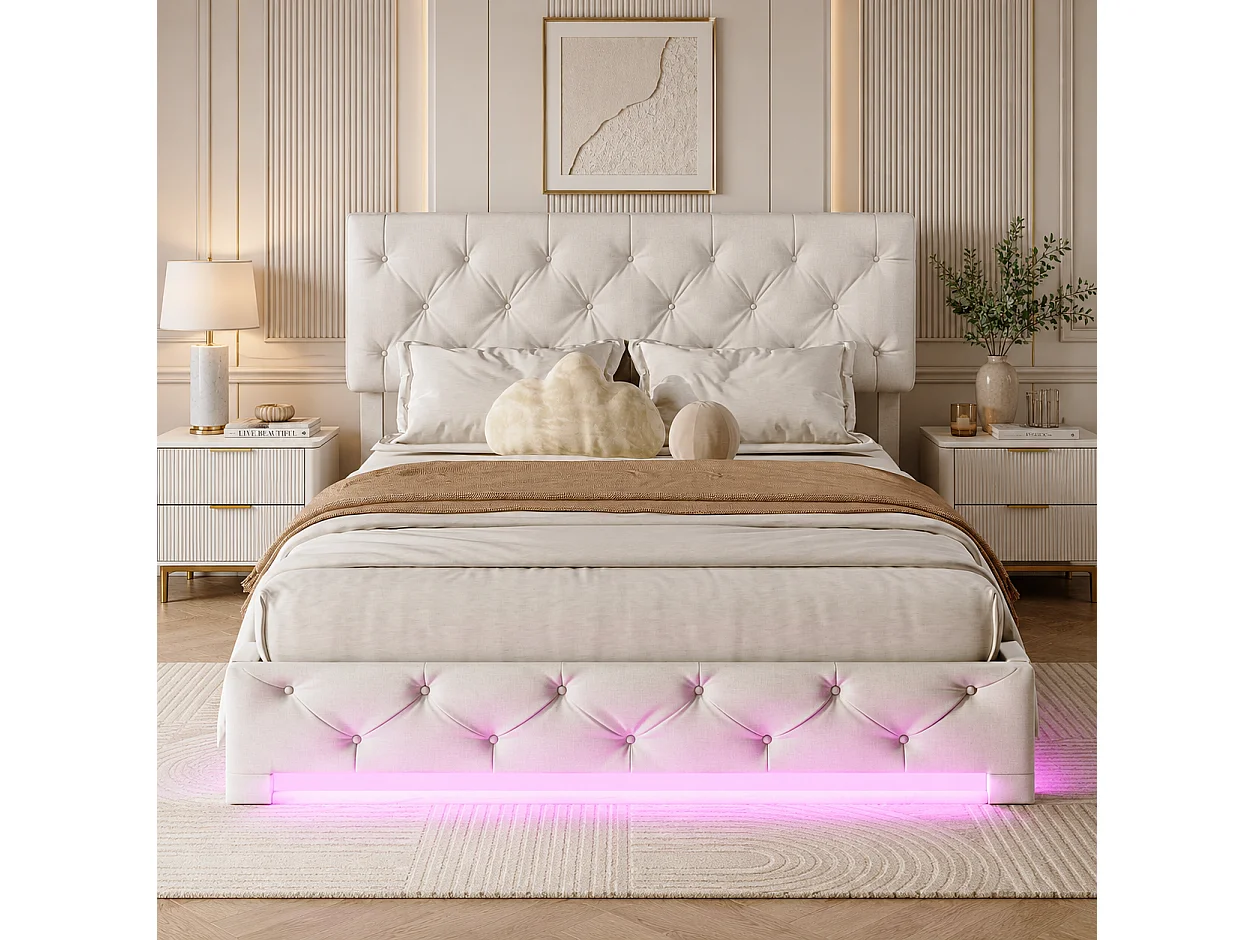 Cadre de lit 140x190 cm avec Rangement  - Lit double capitonné avec Lumière LED - Lit Coffre avec tête de lit réglable et sommier à Lattes - Lin Beige