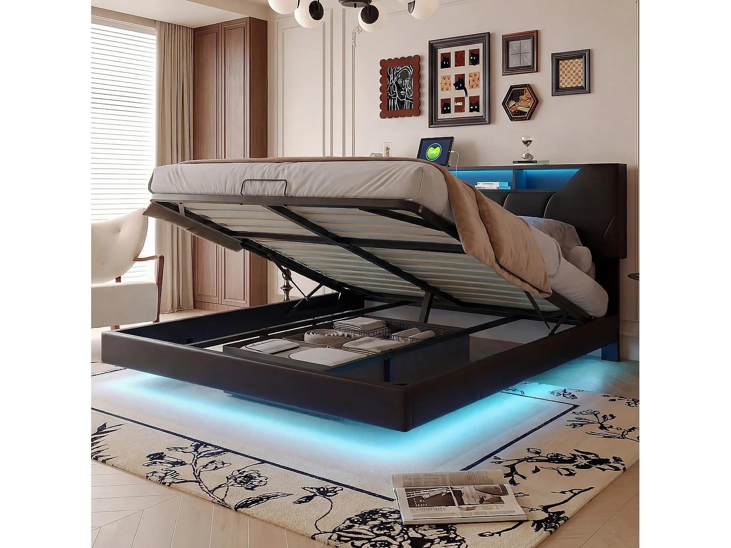 Lit Coffre 160x200 cm avec LED - Lit Double avec Ports Recharge USB et tête de lit en PU Moderne - lit avec Grand Espace de Rangement hydraulique - Noir
