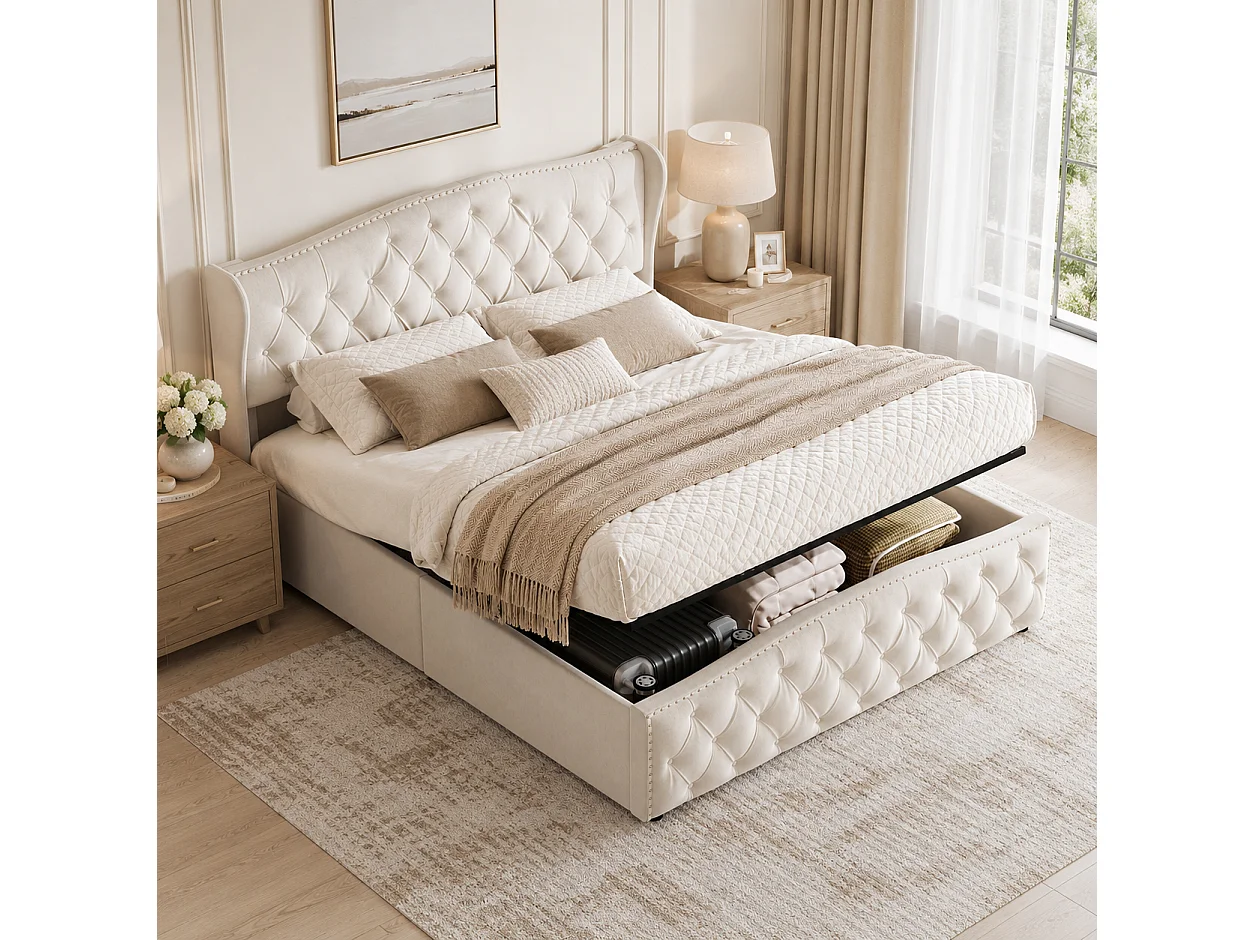 Lit Coffre 140x190 cm avec Sommier, Lit double rembourré avec hydraulique Rangement et Tête de lit, Lit 2 Personnes pour Adultes et Adolescents, Velours, Beige