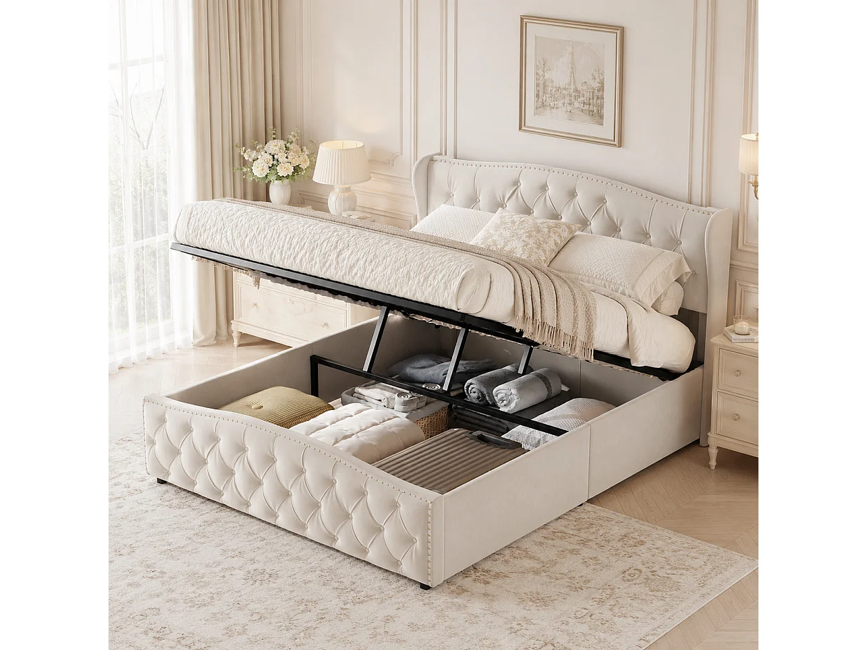Lit Coffre 140x190 cm avec Sommier, Lit double rembourré avec hydraulique Rangement et Tête de lit, Lit 2 Personnes pour Adultes et Adolescents, Velours, Beige