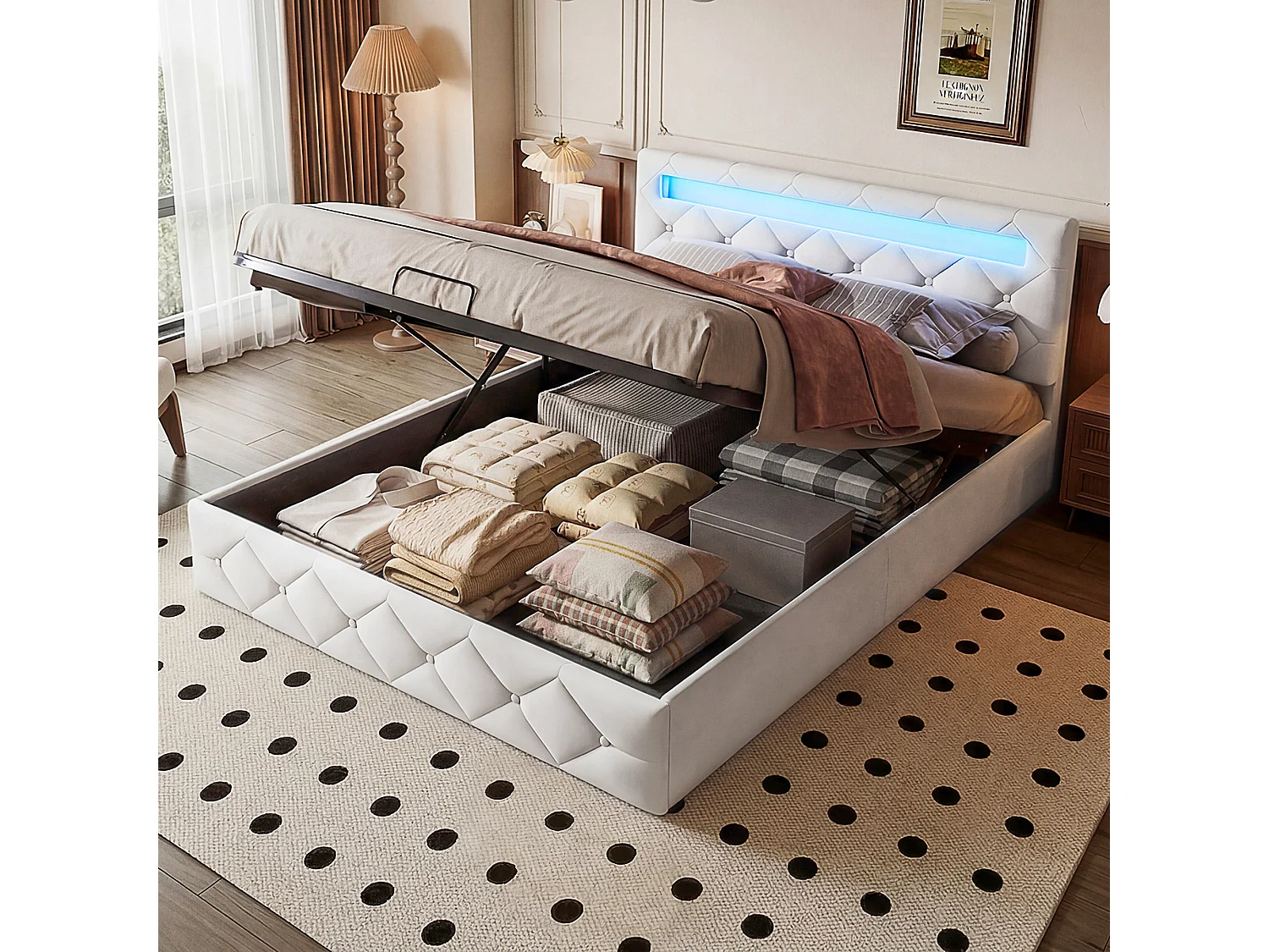 Lit Coffre 160x200 cm avec Éclairage LED - LIT double avec Tête de lit rembourré Réglable - lit avec Rangement et Sommier à Lattes - Velours Beige