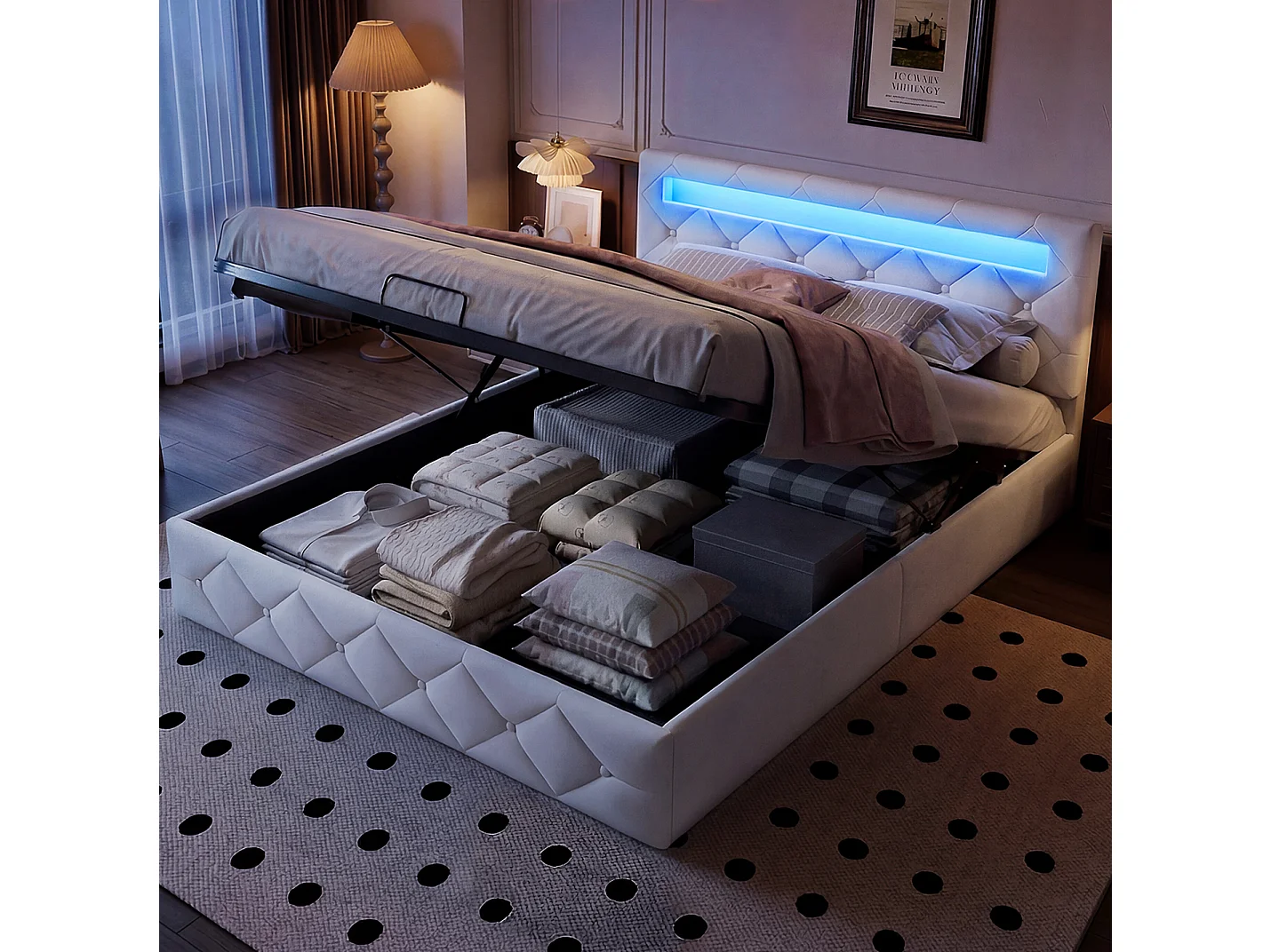 Lit Coffre 160x200 cm avec Éclairage LED - LIT double avec Tête de lit rembourré Réglable - lit avec Rangement et Sommier à Lattes - Velours Beige