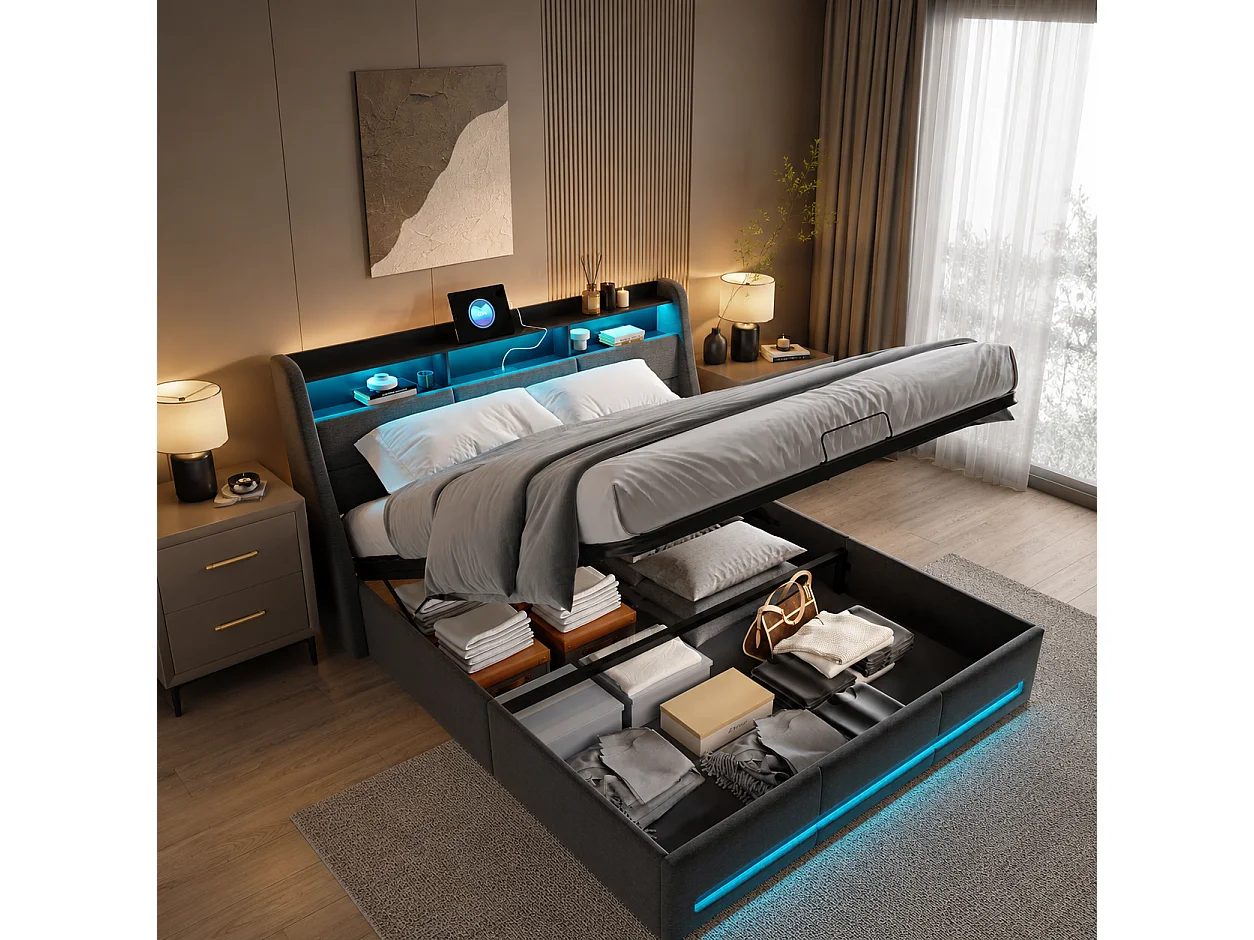 Lit Coffre 140x190 cm avec éclairage LED et Port USB - lit Double rembourré avec Rangement - tête de lit rembourrée -  sommier à Lattes - en Lin Gris Foncé