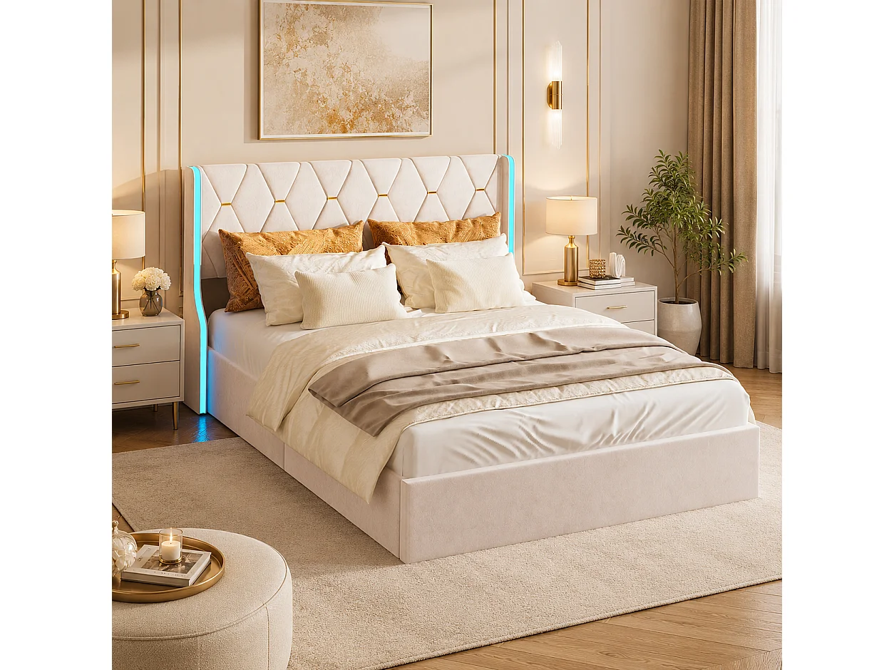 Cadre de lit coffre 140x190 avec Sommier - Lit Double avec LED RGB - Tête de Lit Capitonnée - Grand Rangement Hydraulique - Velours Beige