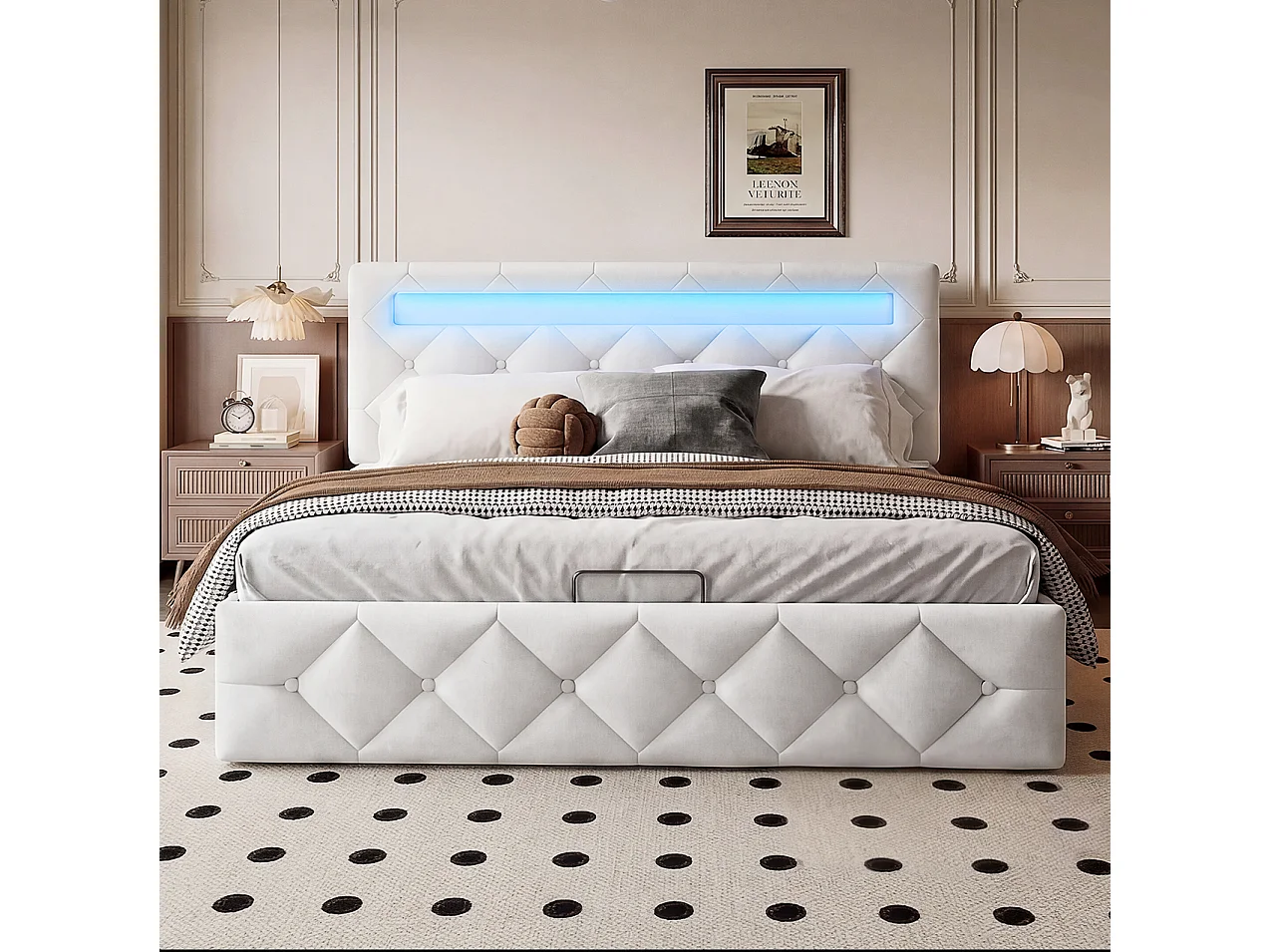 Lit Coffre 140x190 cm avec Éclairage LED - LIT double avec Tête de lit rembourré Réglable - lit avec Rangement et Sommier à Lattes - Velours Beige