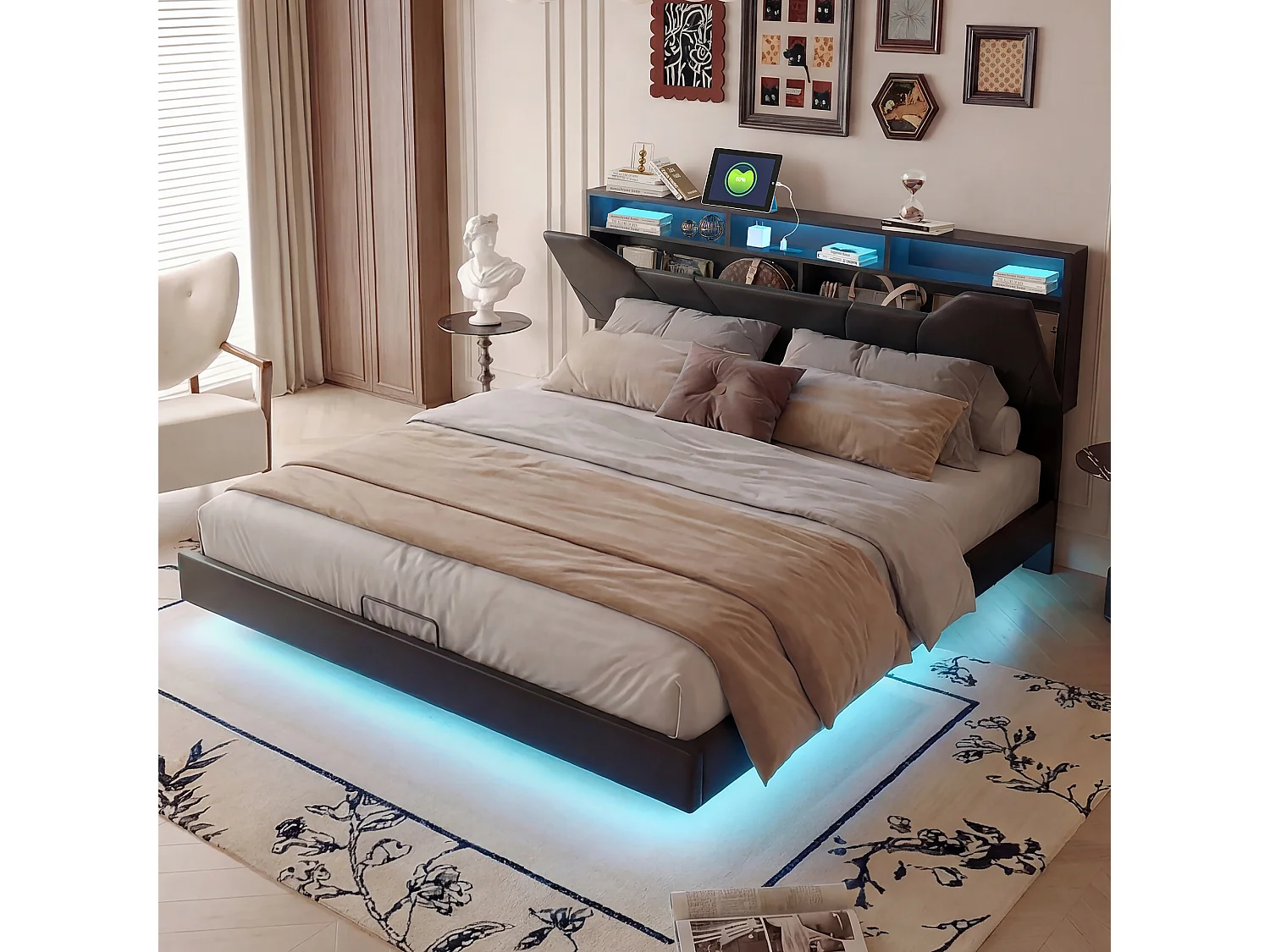 Lit Coffre 140x200 cm avec LED - Lit Double avec Ports Recharge USB et tête de lit en PU Moderne - lit avec Grand Espace de Rangement hydraulique - Noir