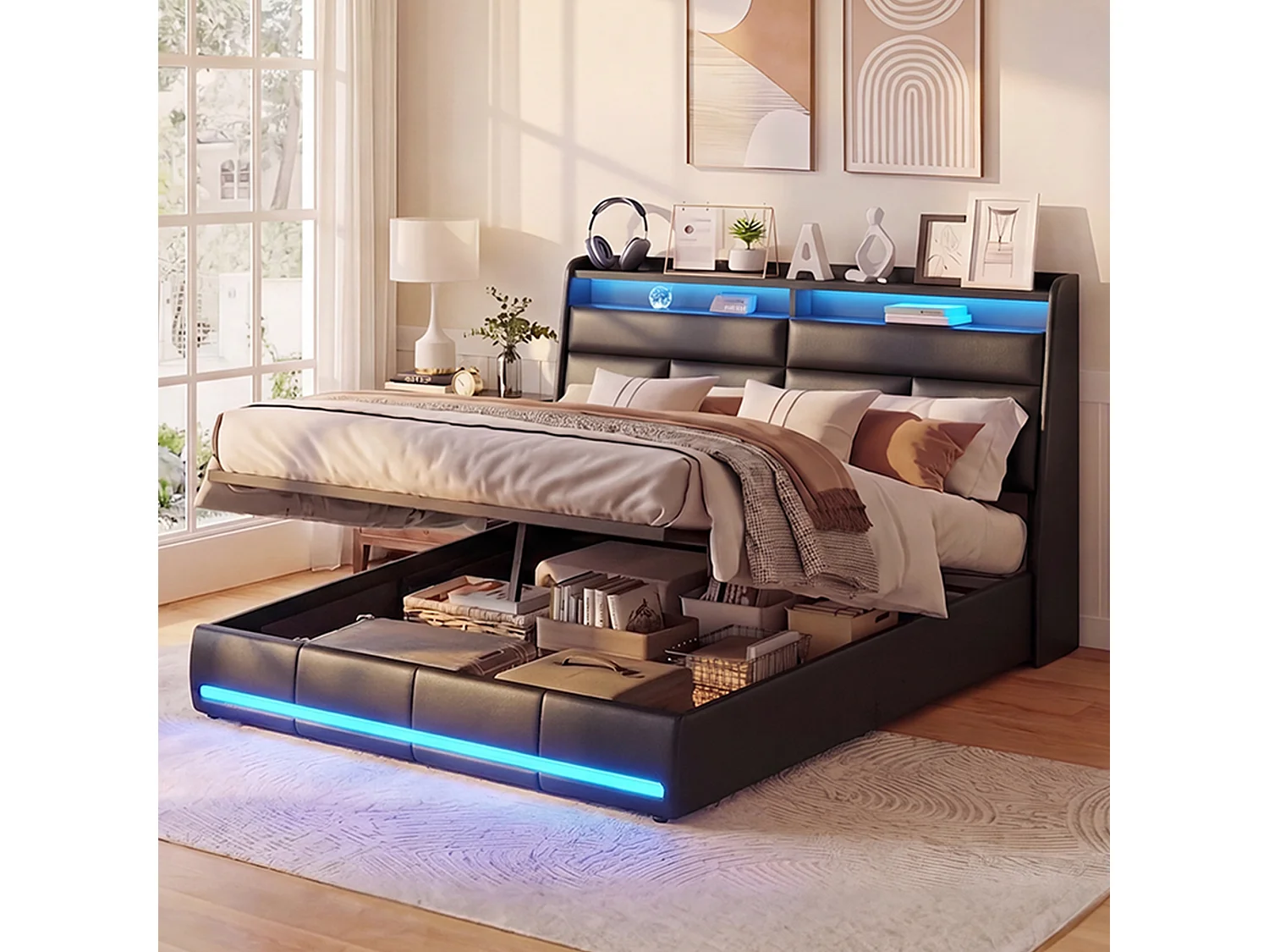 Lit Coffre 140x200 cm avec LED - Cadre de lit avec Système Hydraulique - Tête de lit capitonné et Rangement - Sommier à Lattes Lattes en Bois - PU Noir