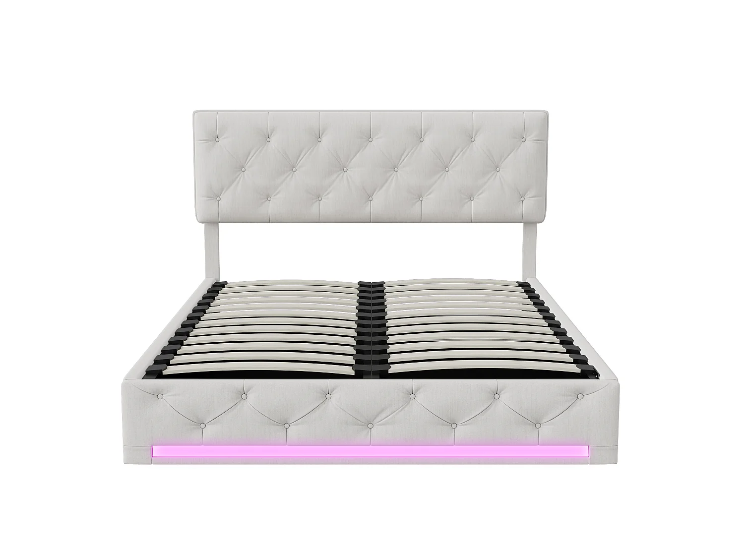 Lit Coffre 160x200 cm avec Lumière LED - Lit Double capitonné avec Rangement - Cadre de lit avec tête de lit réglable et sommier à Lattes - Lin Beige