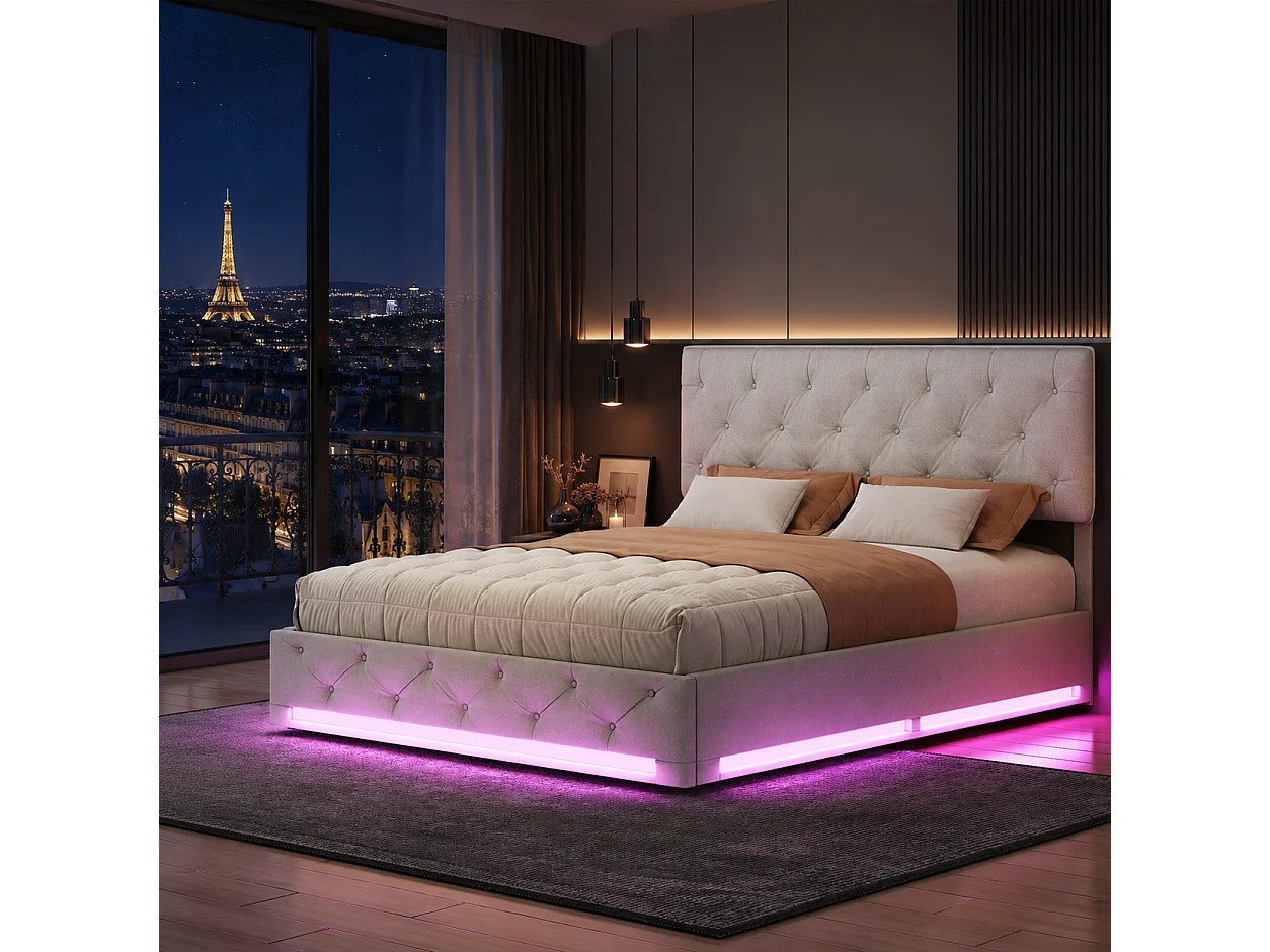 Lit Coffre 160x200 cm avec Lumière LED - Lit Double capitonné avec Rangement - Cadre de lit avec tête de lit réglable et sommier à Lattes - Lin Beige