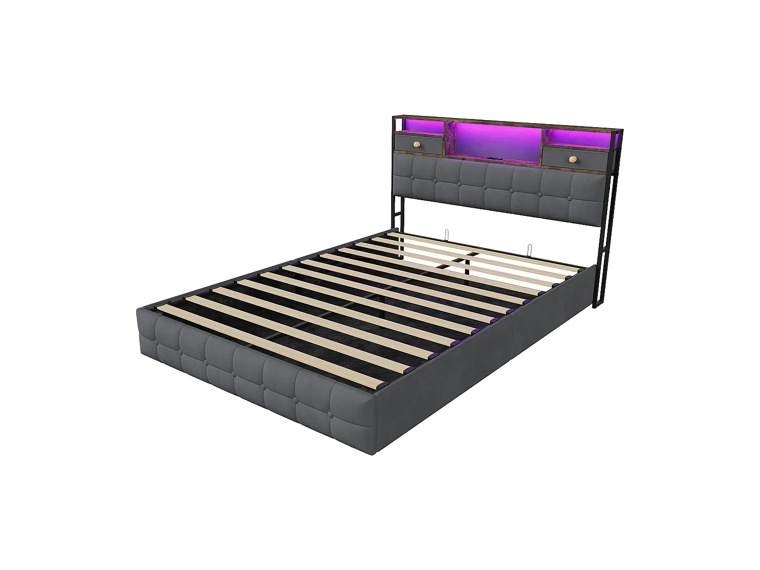 Lit Coffre 160x200 avec Éclairage LED RGB et Ports USB/Type-C, Lit Double 160x200cm Cadre de Lit Capitonné avec Rangement, sans Matelas, Velours Gris