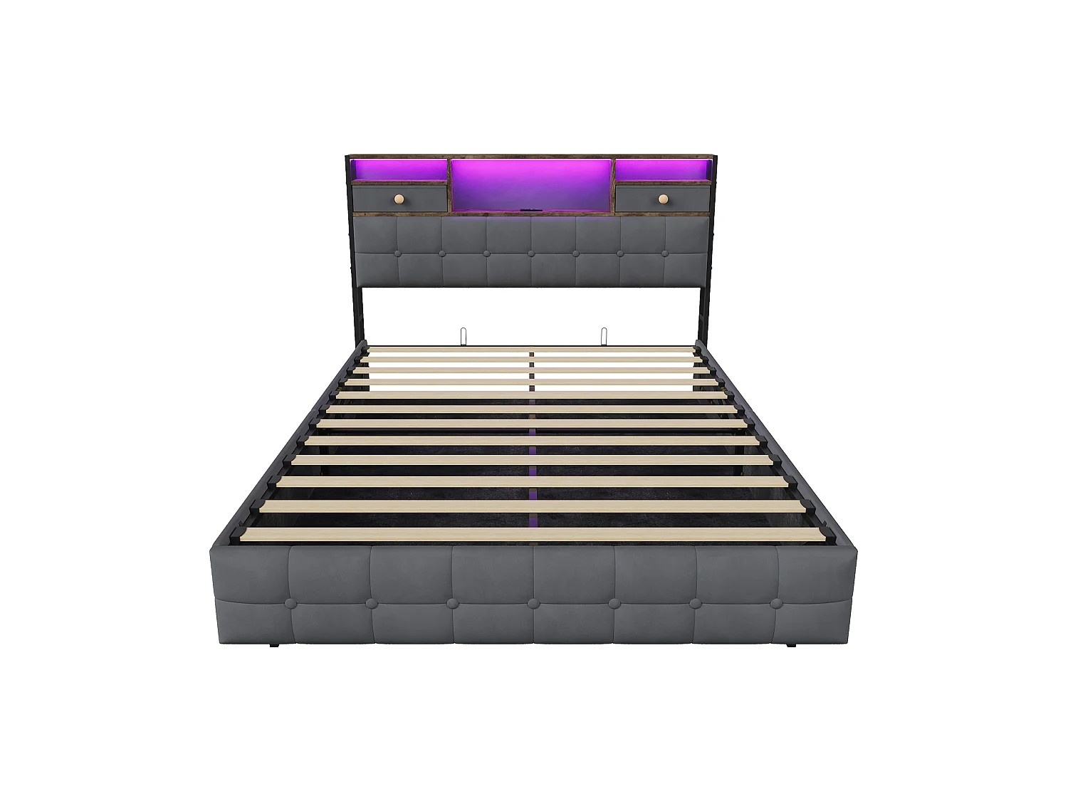 Lit Coffre 160x200 avec Éclairage LED RGB et Ports USB/Type-C, Lit Double 160x200cm Cadre de Lit Capitonné avec Rangement, sans Matelas, Velours Gris