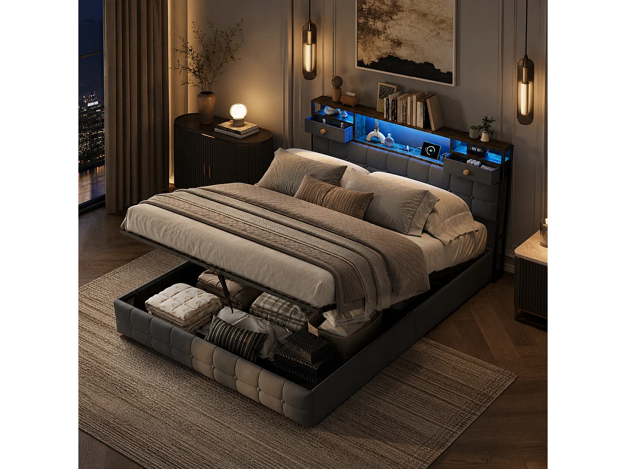 Lit Coffre 160x200 avec Éclairage LED RGB et Ports USB/Type-C, Lit Double 160x200cm Cadre de Lit Capitonné avec Rangement, sans Matelas, Velours Gris