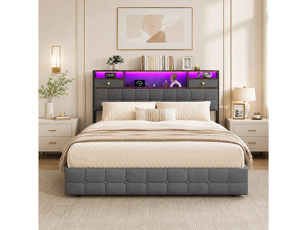 Lit Coffre 160x200 avec Éclairage LED RGB et Ports USB/Type-C, Lit Double 160x200cm Cadre de Lit Capitonné avec Rangement, sans Matelas, Velours Gris