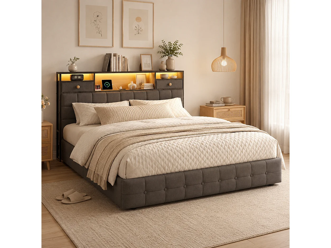 Lit Coffre 160x200 avec Éclairage LED RGB et Ports USB/Type-C, Lit Double 160x200cm Cadre de Lit Capitonné avec Rangement, sans Matelas, Velours Gris