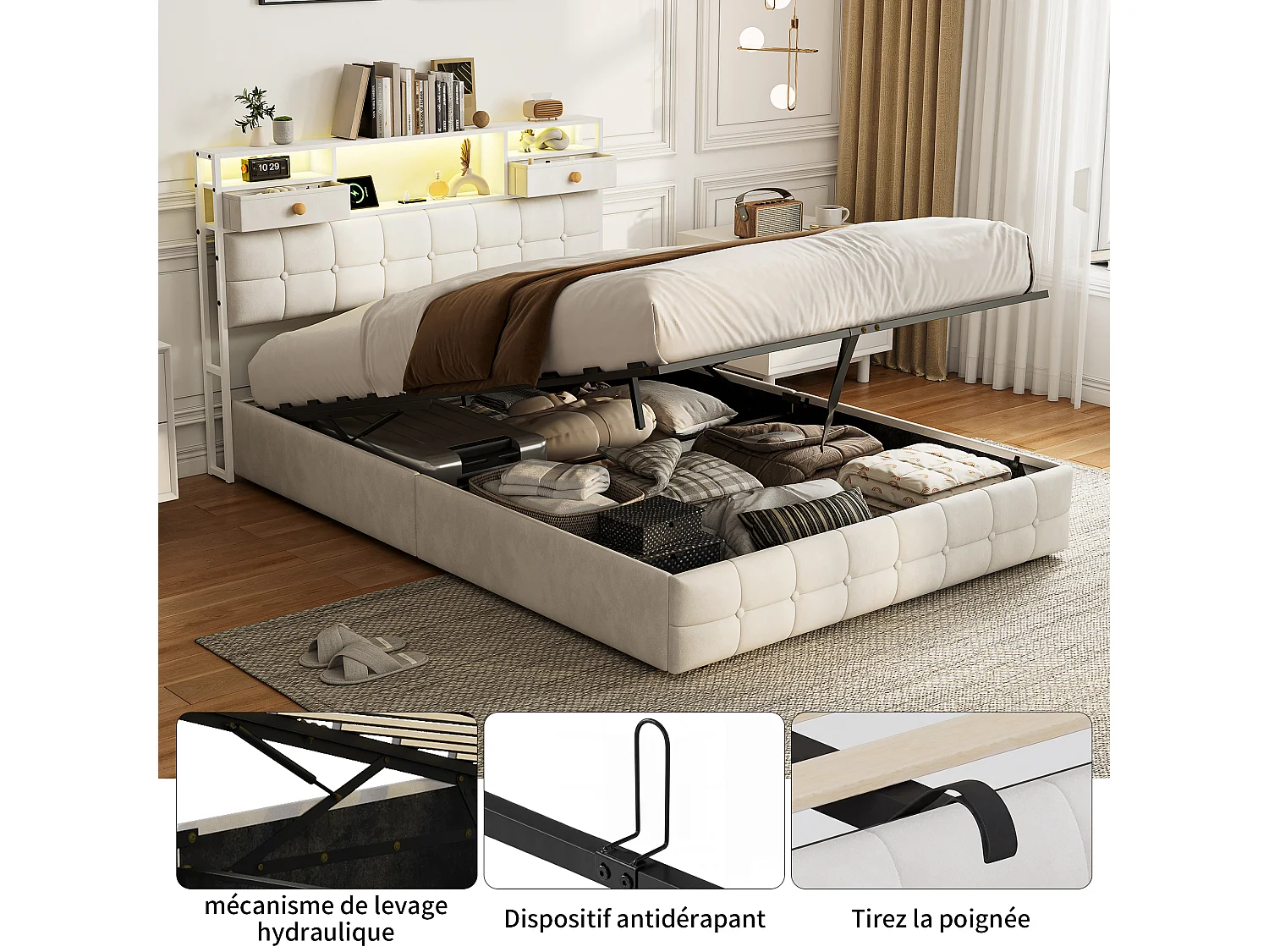 Lit Coffre 140x200 avec Éclairage LED RGB et Ports USB/Type-C, Lit Double 140x200cm Cadre de Lit Capitonné avec Rangement, sans Matelas, Velours Beige