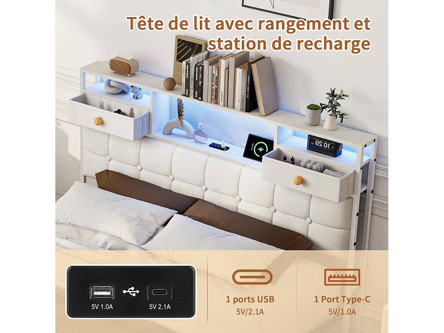Lit Coffre 140x200 avec Éclairage LED RGB et Ports USB/Type-C, Lit Double 140x200cm Cadre de Lit Capitonné avec Rangement, sans Matelas, Velours Beige