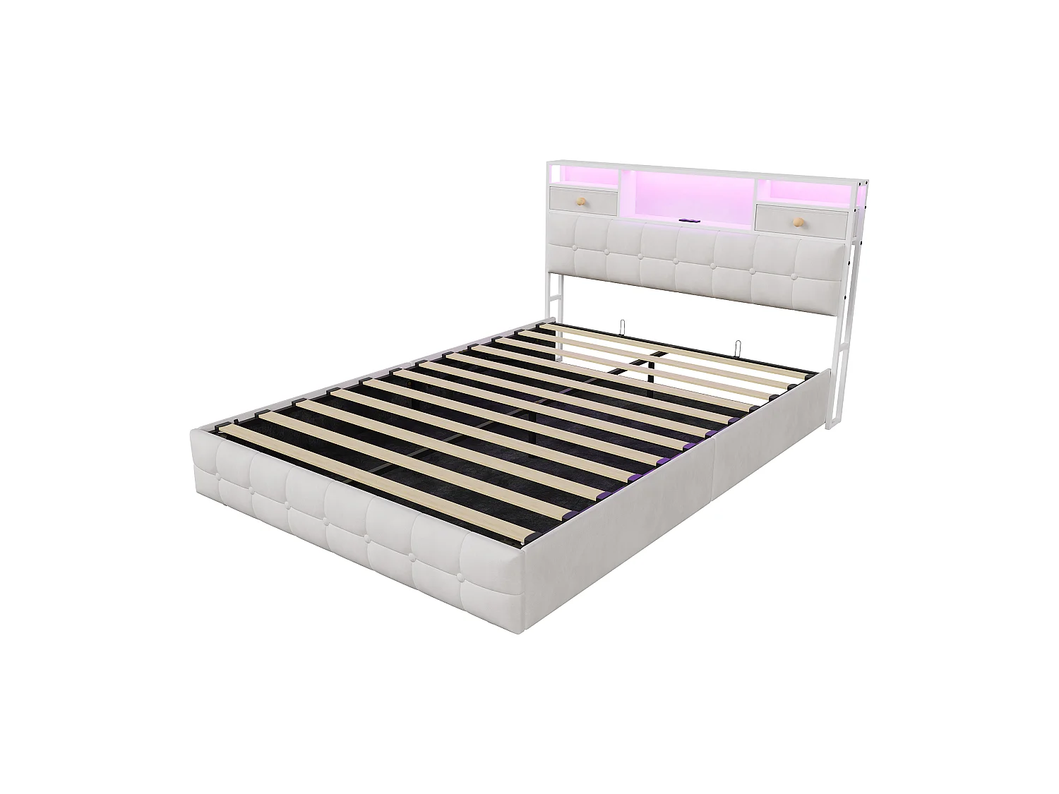Lit Coffre 140x200 avec Éclairage LED RGB et Ports USB/Type-C, Lit Double 140x200cm Cadre de Lit Capitonné avec Rangement, sans Matelas, Velours Beige