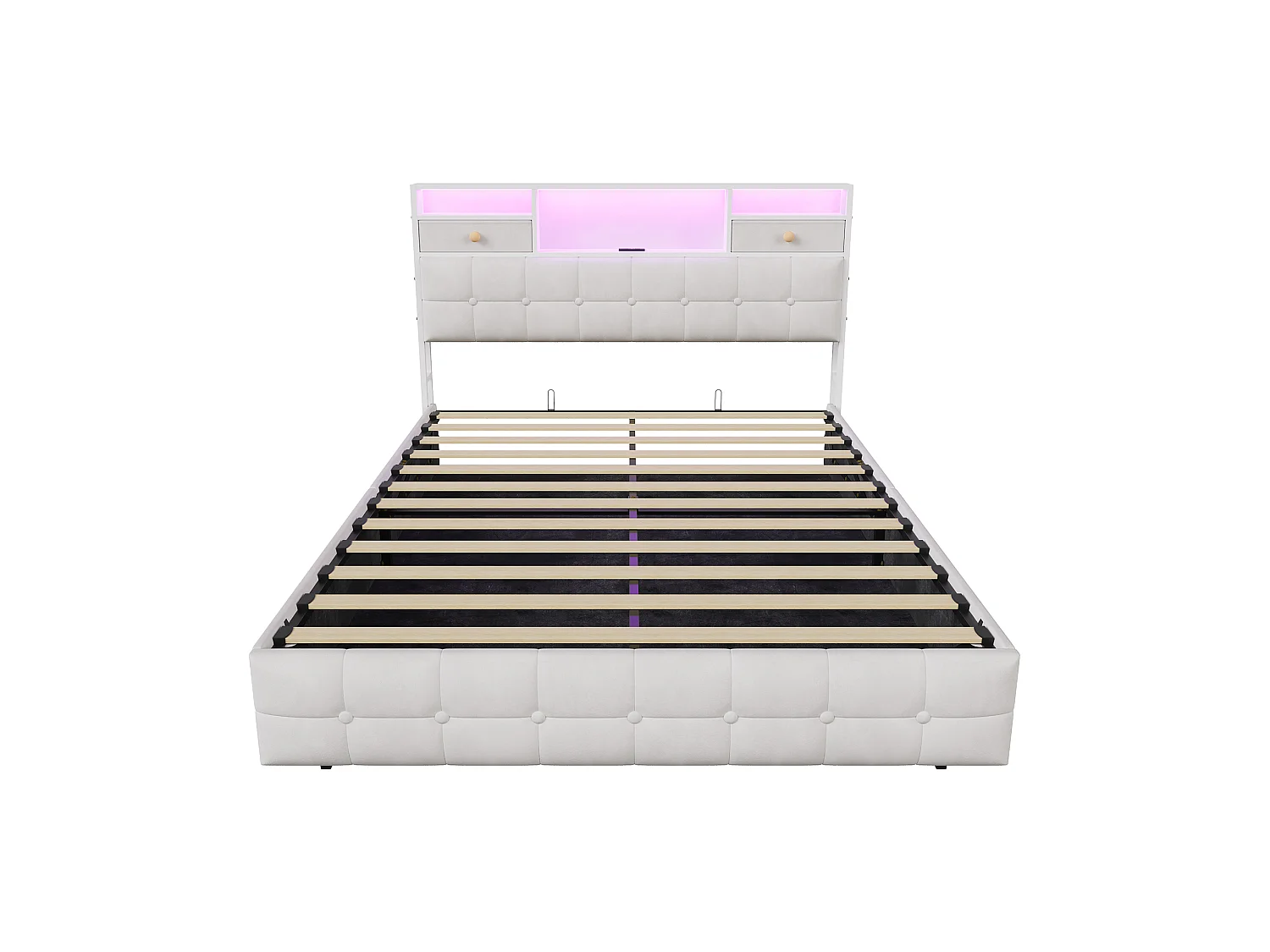 Lit Coffre 140x200 avec Éclairage LED RGB et Ports USB/Type-C, Lit Double 140x200cm Cadre de Lit Capitonné avec Rangement, sans Matelas, Velours Beige