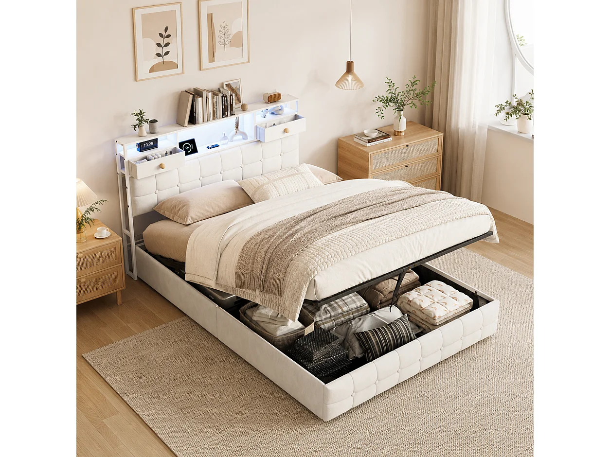 Lit Coffre 140x200 avec Éclairage LED RGB et Ports USB/Type-C, Lit Double 140x200cm Cadre de Lit Capitonné avec Rangement, sans Matelas, Velours Beige