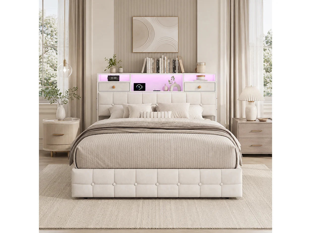 Lit Coffre 140x200 avec Éclairage LED RGB et Ports USB/Type-C, Lit Double 140x200cm Cadre de Lit Capitonné avec Rangement, sans Matelas, Velours Beige