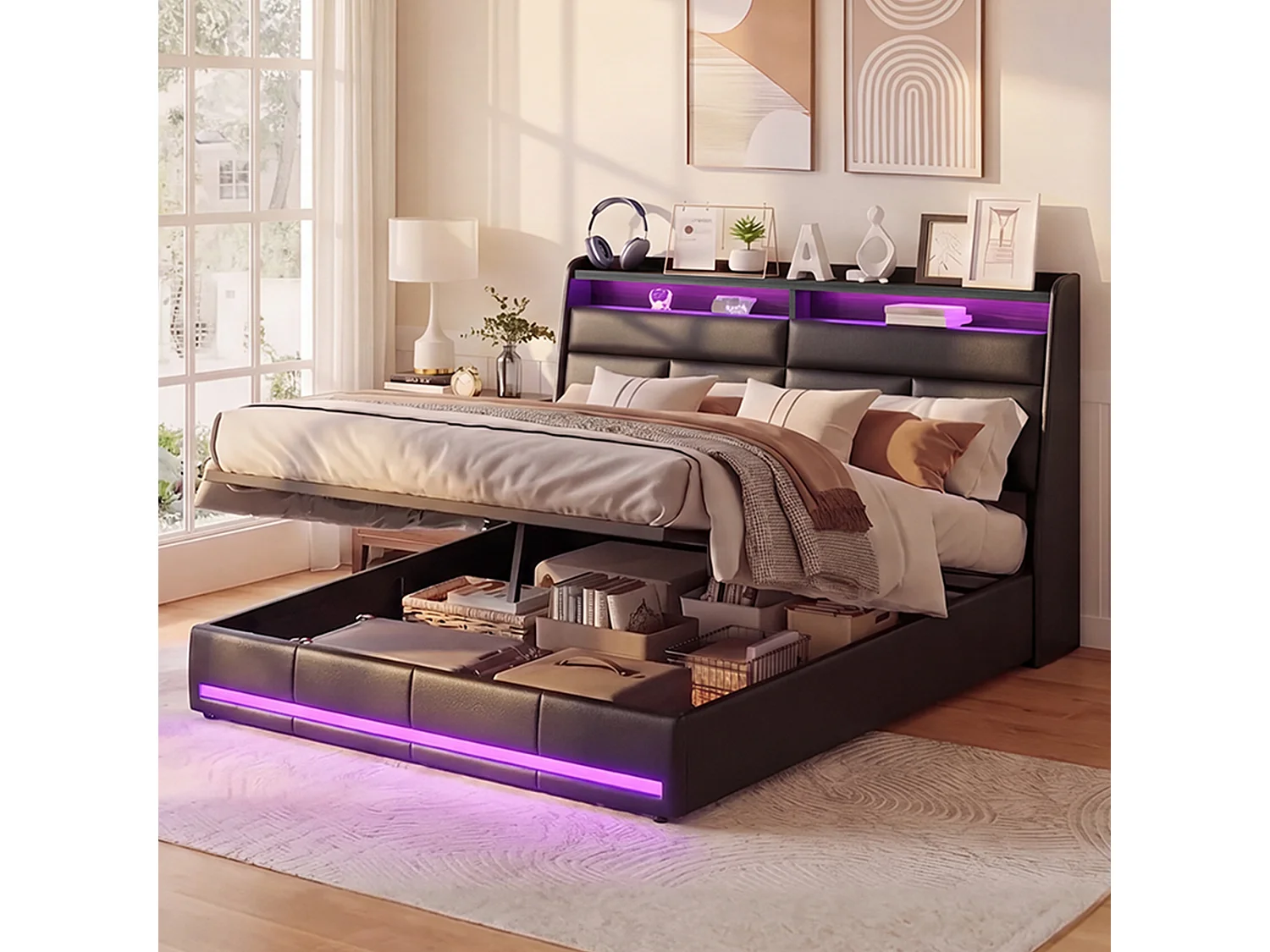 Lit Coffre 160x200 cm avec LED - Cadre de lit avec Système Hydraulique - Tête de lit capitonné et Rangement - Sommier à Lattes Lattes en Bois - PU Noir