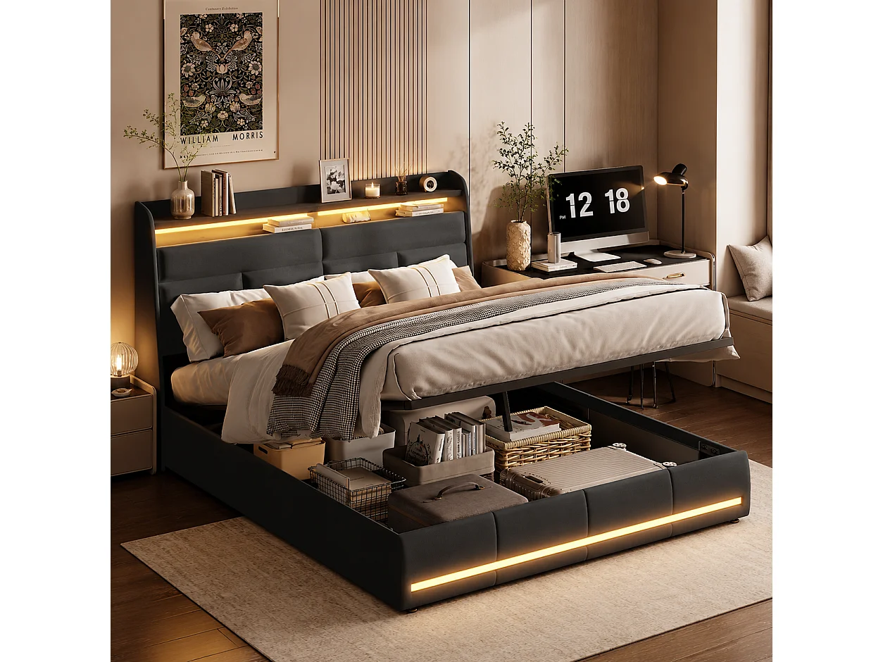 Lit Coffre 160x200 cm avec LED - Cadre de lit avec Système Hydraulique - Tête de lit capitonné et Rangement - Sommier à Lattes Lattes en Bois - PU Noir