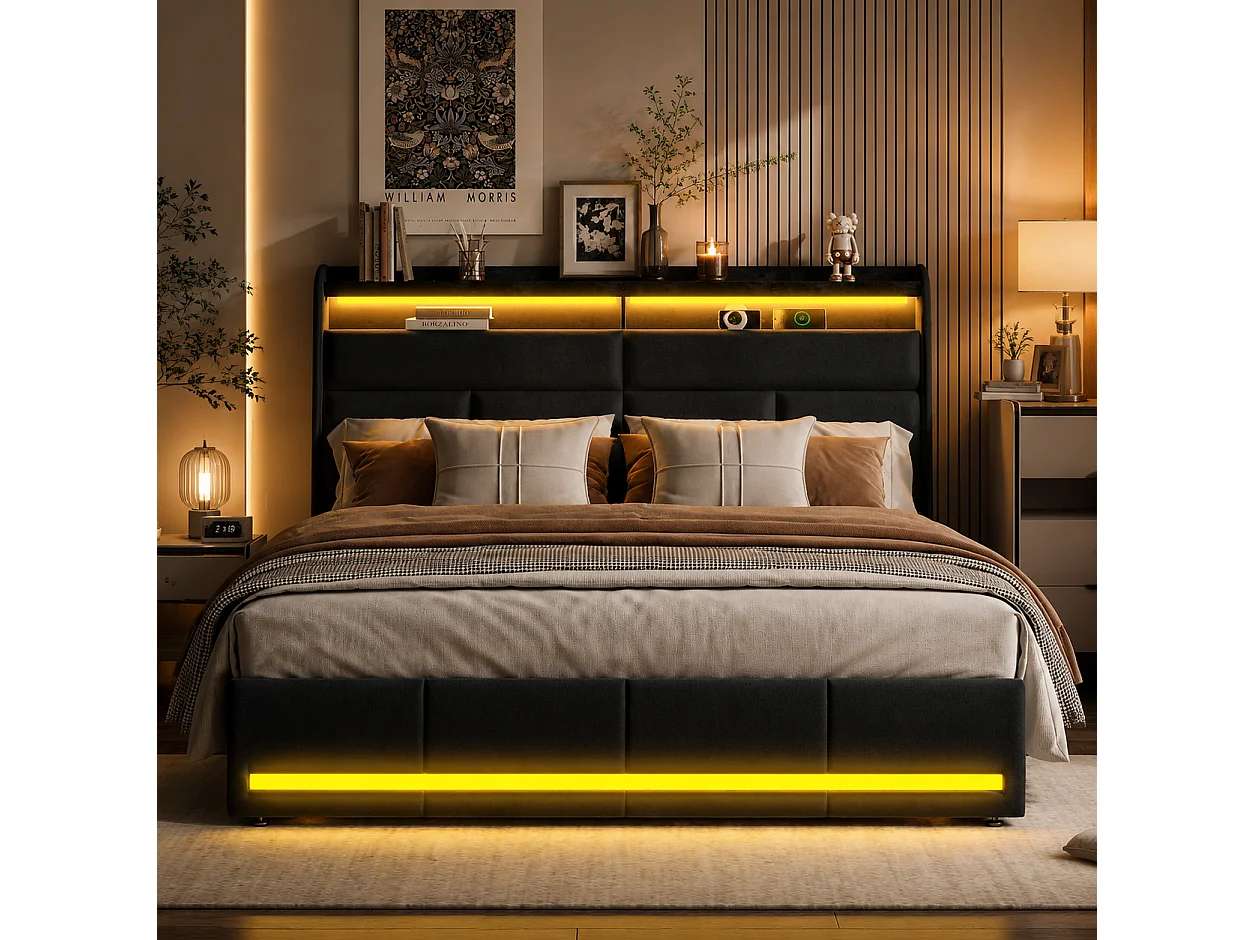 Lit Coffre 160x200 cm avec LED - Cadre de lit avec Système Hydraulique - Tête de lit capitonné et Rangement - Sommier à Lattes Lattes en Bois - PU Noir