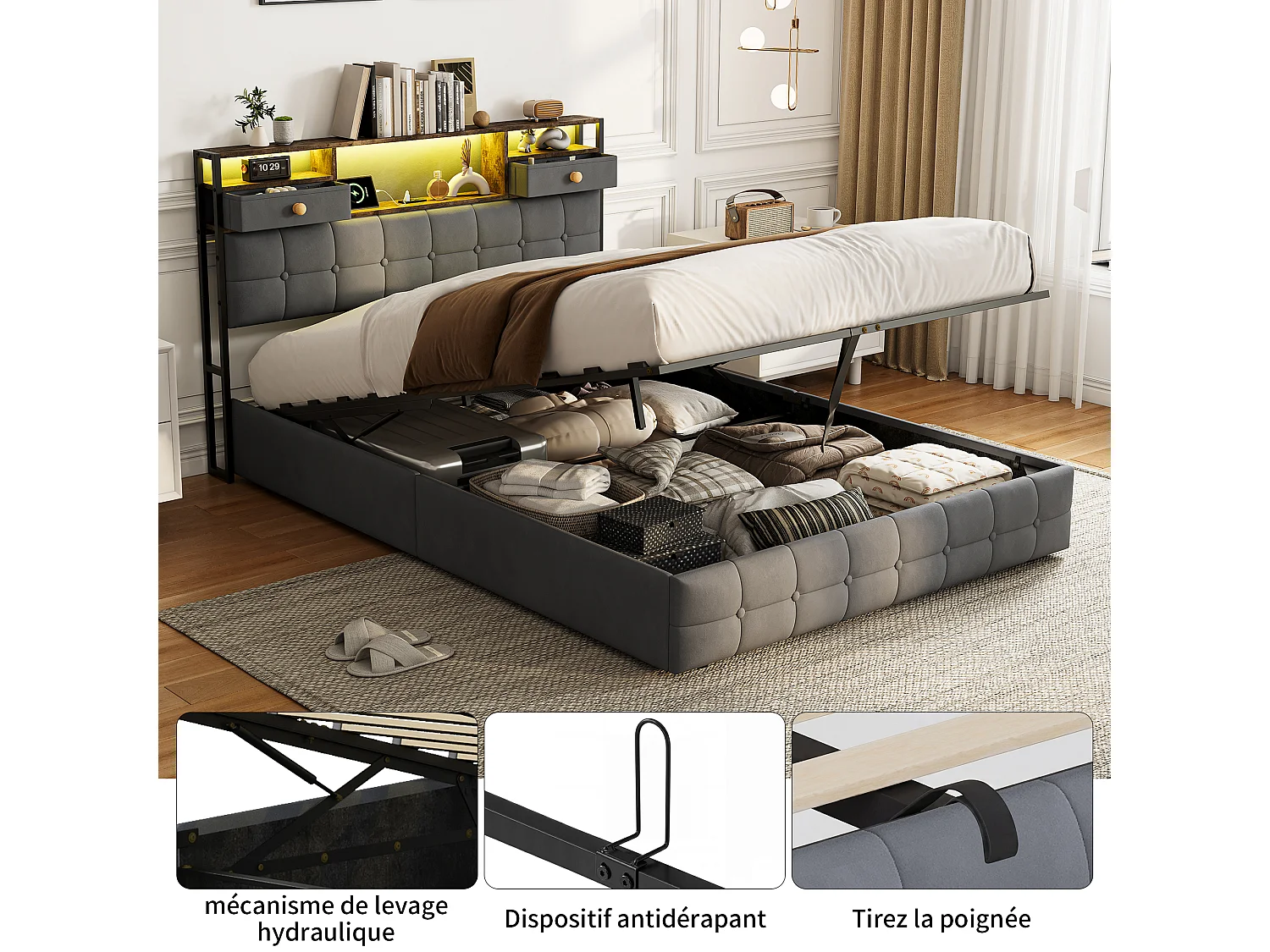 Lit Coffre 140x200 avec Éclairage LED RGB et Ports USB/Type-C, Lit Double 140x200cm Cadre de Lit Capitonné avec Rangement, sans Matelas, Velours Gris