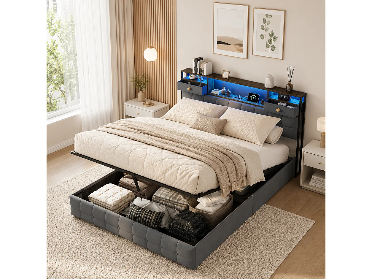Lit Coffre 140x200 avec Éclairage LED RGB et Ports USB/Type-C, Lit Double 140x200cm Cadre de Lit Capitonné avec Rangement, sans Matelas, Velours Gris