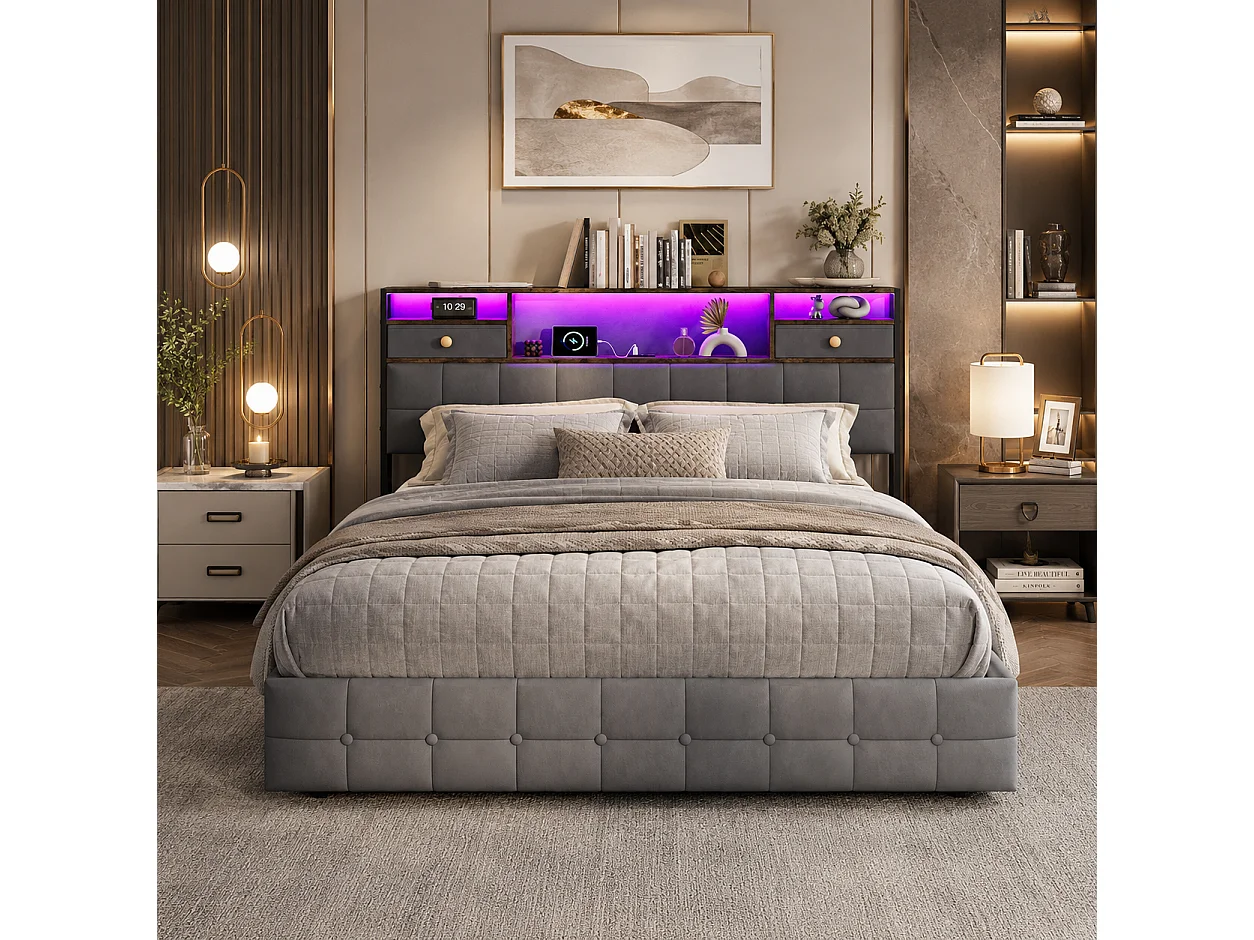 Lit Coffre 140x200 avec Éclairage LED RGB et Ports USB/Type-C, Lit Double 140x200cm Cadre de Lit Capitonné avec Rangement, sans Matelas, Velours Gris