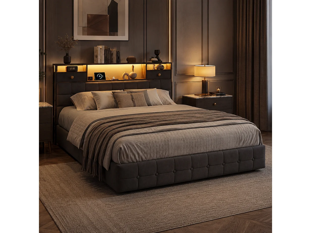 Lit Coffre 140x200 avec Éclairage LED RGB et Ports USB/Type-C, Lit Double 140x200cm Cadre de Lit Capitonné avec Rangement, sans Matelas, Velours Gris