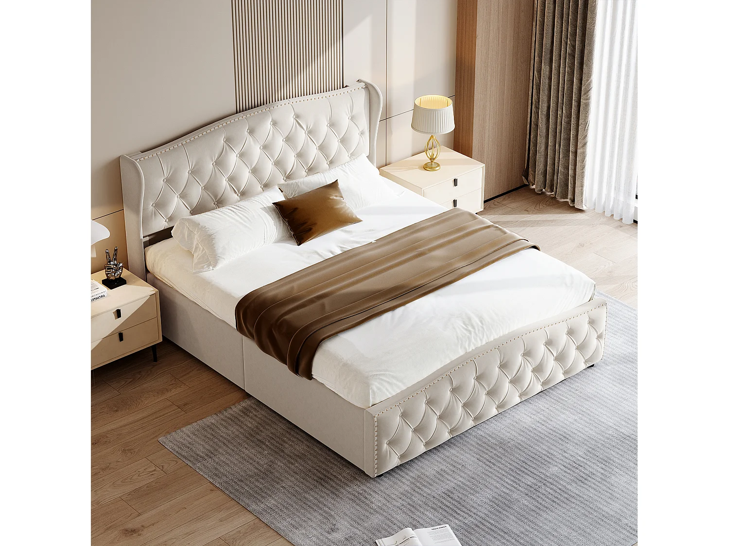 Lit Coffre 160x200 cm avec Tete de lit et sommier à Lattes - Lit double capitonnée Réglable en Hauteur- lit avec Hydraulique Rangement sous Lits,Rivet Velours Beige