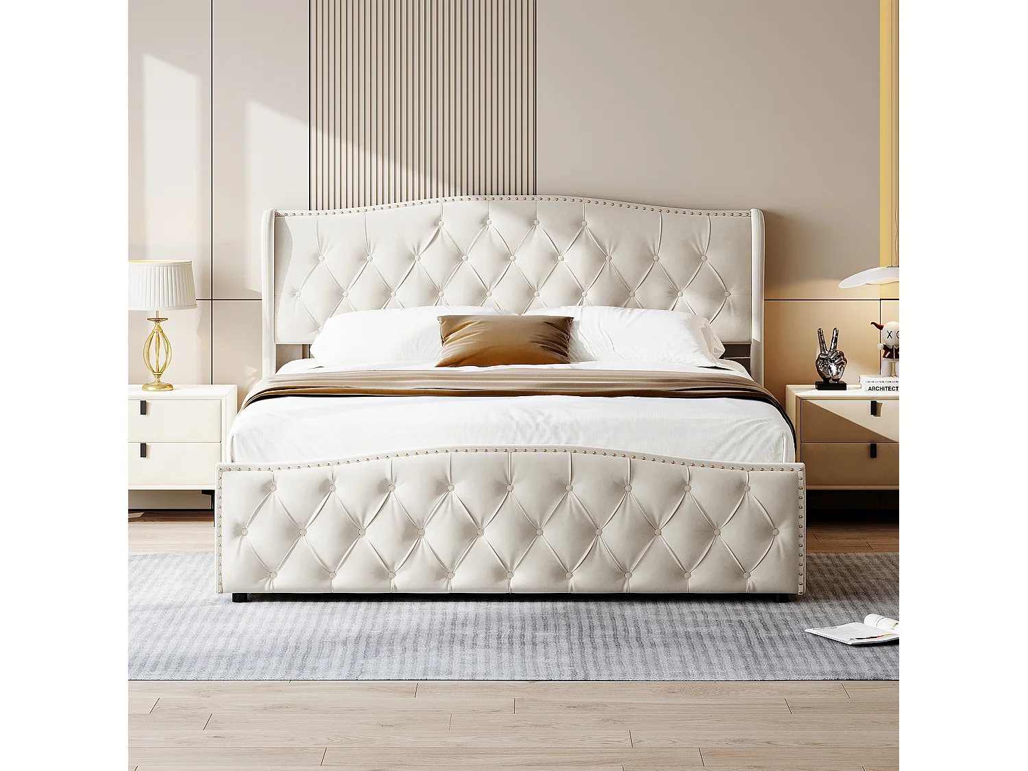 Lit Coffre 160x200 cm avec Tete de lit et sommier à Lattes - Lit double capitonnée Réglable en Hauteur- lit avec Hydraulique Rangement sous Lits,Rivet Velours Beige
