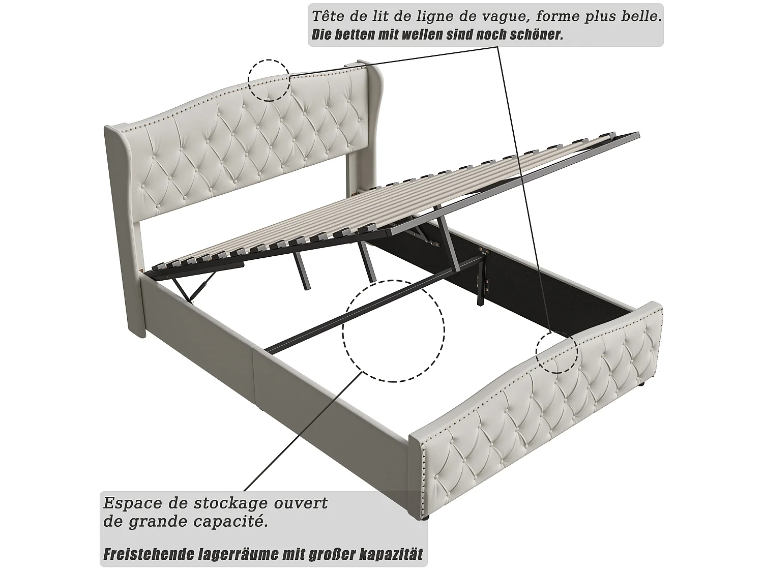 Lit Coffre 160x200 cm avec Tete de lit et sommier à Lattes - Lit double capitonnée Réglable en Hauteur- lit avec Hydraulique Rangement sous Lits,Rivet Velours Beige